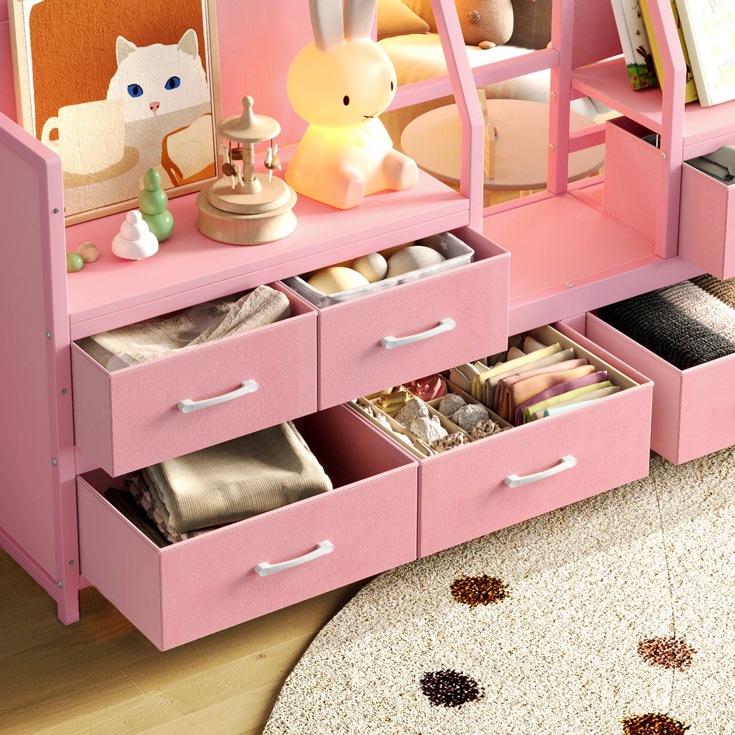 Twin Low Loft Bed with Multi-Storage Spaces, Including Fabric Drawers, Fabric Shelves Beside the Bed, Storage Stairs, Metal Loft Bed with Lights and Ample Under-bed Spaces, Pink image 9