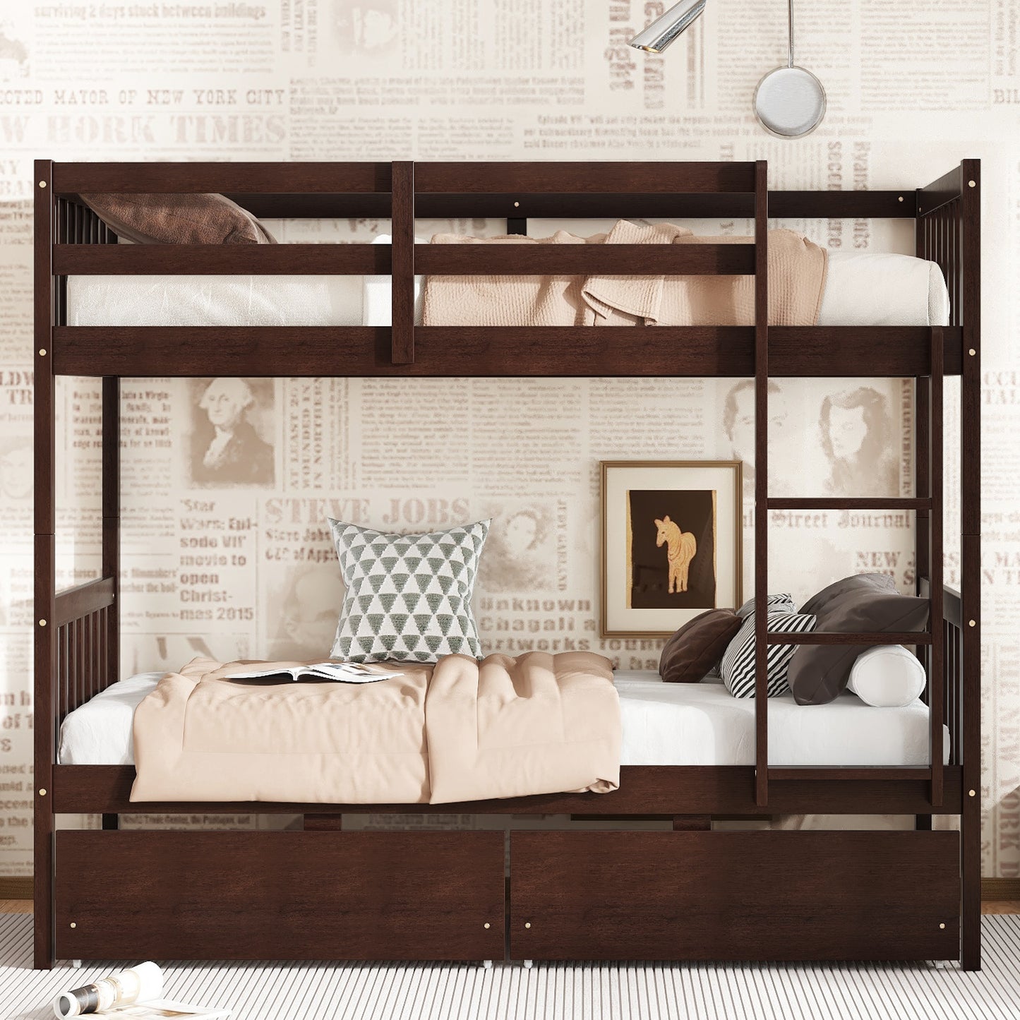 Twin Over Twin Rubber Wood Bunk Bed with 2 Drawers, Convertible into 2 Twin Beds, Twin Size Bunk Bed with Ladder and Safety Guardrails,Espresso (Old Sku W504S00200) image 1