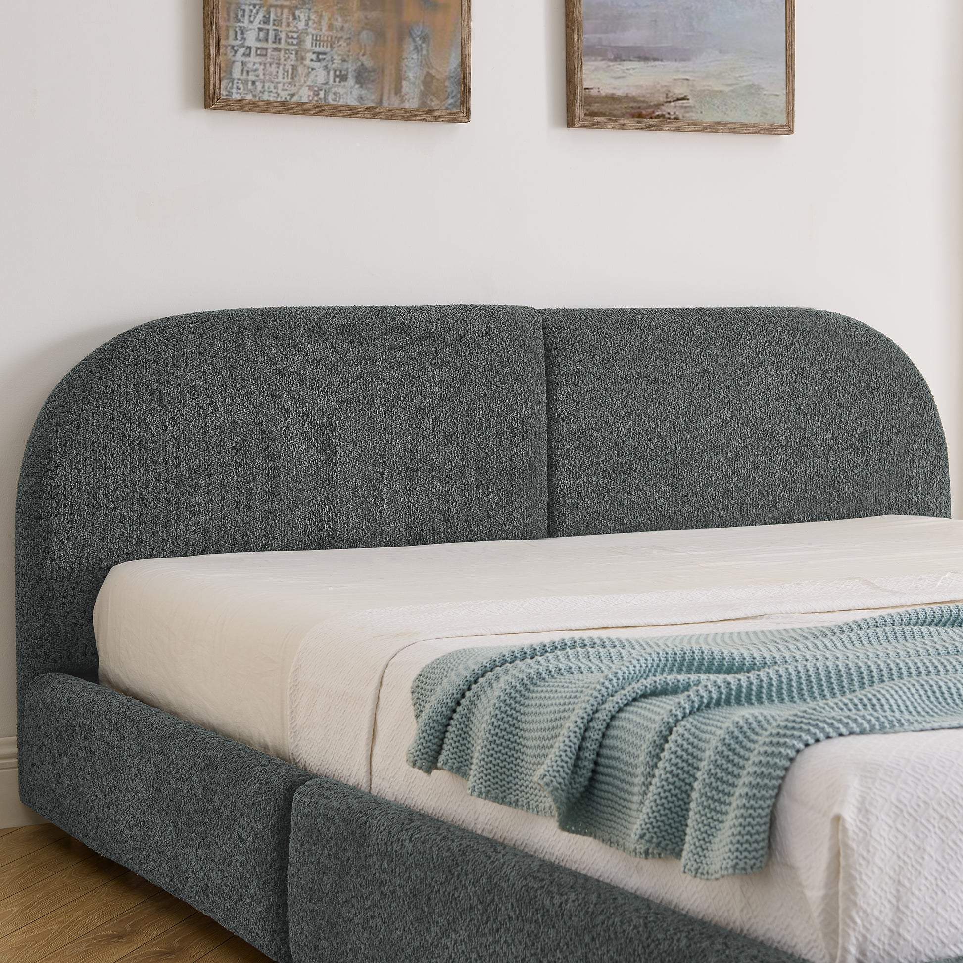 Queen Size Upholstered Bed Frame Modern Minimalist Style - Circle Yarn Fabric, Tall Curved Headboard, Sturdy Leg Support & Wheeled Drawer Storage, Mattress Not Included -Dark Gray image 5