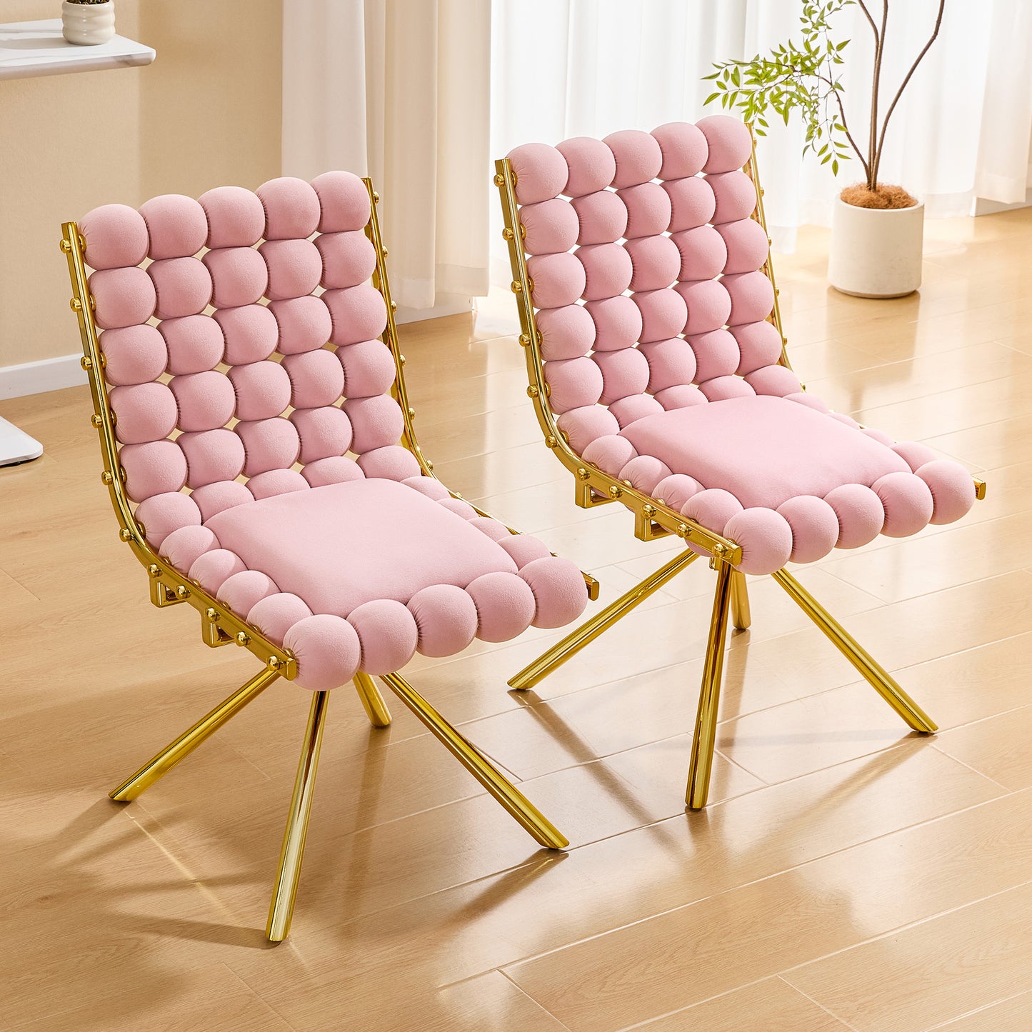 Set of 2 Modern Pink Bubble Tufted Accent Chair, Plush Velvet Swivel Chair with Gold Metal Legs, Ergonomic Armless Chair for Living Room, Bedroom & Dining Area image 2