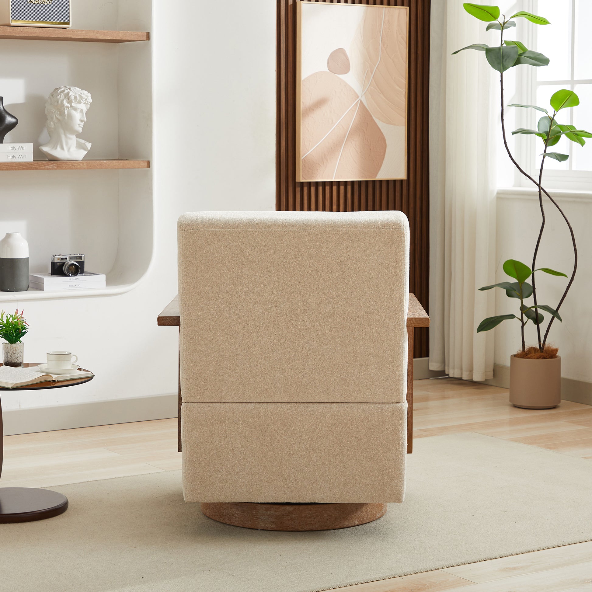 29.72"W Swivel Modern Upholstered Accent Chair with Solid Wood Armrests and 360 Degree Comfy Lounge Reading Chair, Side Armchair for Hotel, Bedroom, Living Room, Office, and Nursery Room. Beige image 6