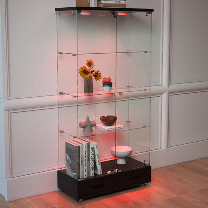Modern Glass Display Cabinet with 2 Large Drawers, Quick-assembly Antique Cabinet with LED lights, Tempered Glass Bookshelf, 2-Door Storage Case with 4 Shelves for Living Room and Bedroom, black image 7