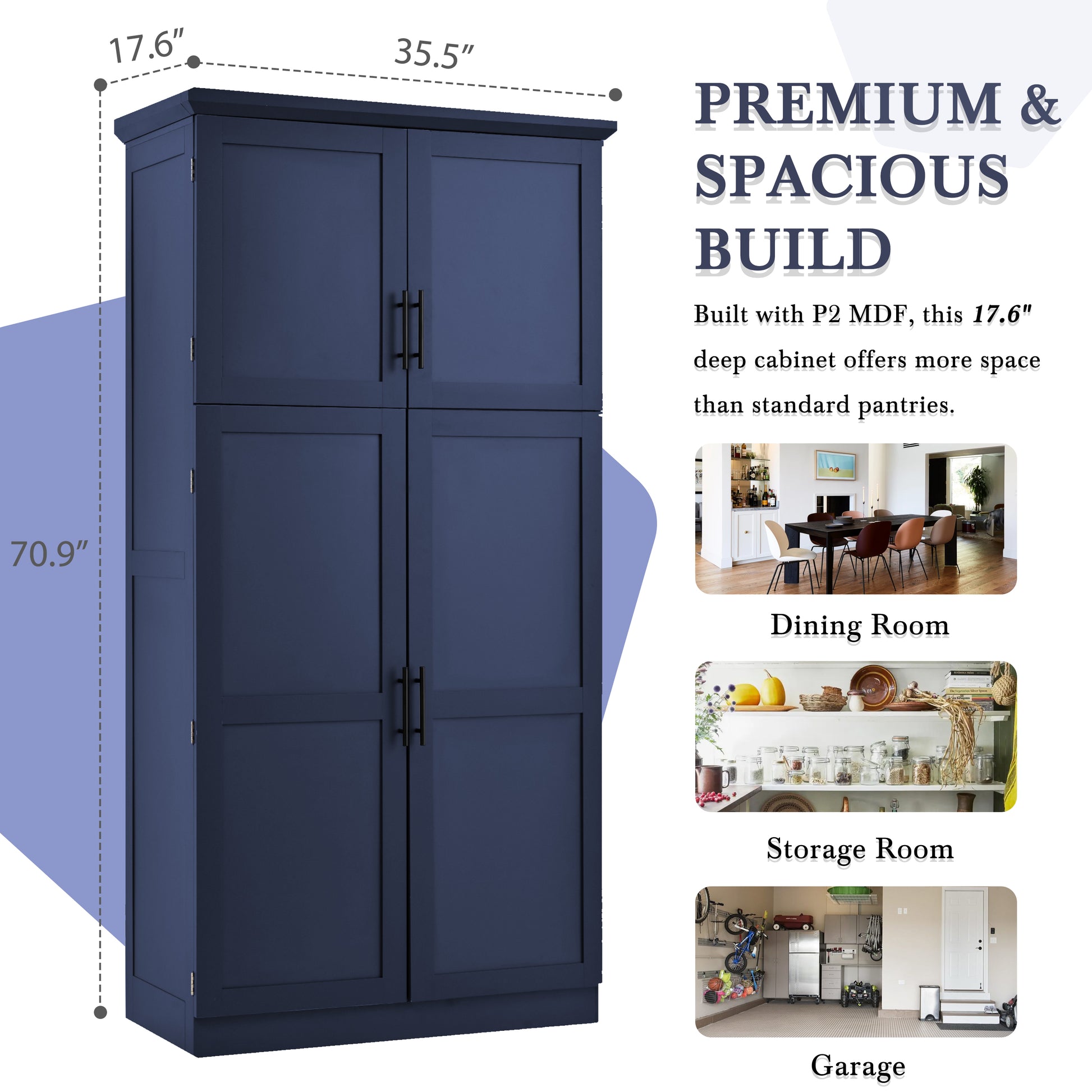 [Assembly Video Provided] TOPMAX 35.5x17.6x70.9inch Freestanding Kitchen Pantry Cabinet, Tall Storage Cabinet with 4 Doors, 2 Door Shelves, 8 Pull-out Trays and Adjustable Shelf for Dining Room, Blue image 9