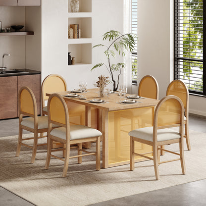 TREXM 7-Piece Farmhouse Dining Table Set for 6 - 59.8" Rectangular Dining Table with Distressed Oak Veneer and 6 Rattan Chairs, Rustic Kitchen Furniture for Dining Room(Natural) image 1