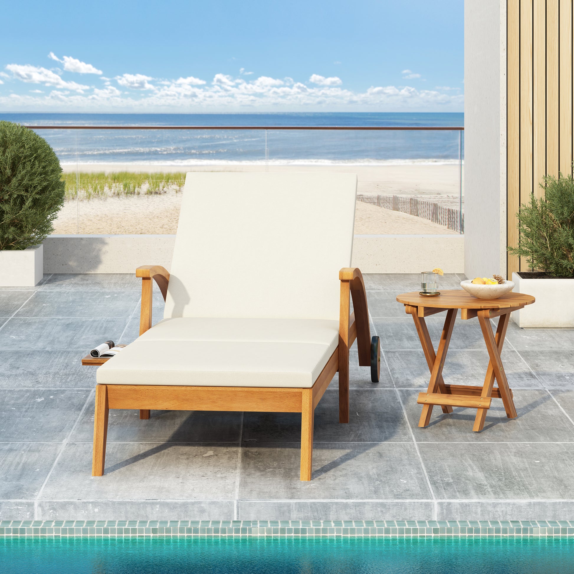 OUTDOOR RECLINER SIDE TABLE SET - COMES WITH 2 INCH CUSHION AND ADJUSTABLE BACKREST CHAISE LOUNGE WITH WHEEL & FOLDABLE AND ADJUSTABLE ACACIA WOOD SIDE TABLE FOR POOLSIDE PORCH image 1