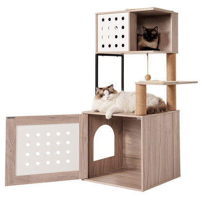 Cat Tree with Litter Box Enclosure, All-in-one Cat Tower for Indoor Cats with Large Hammock, Bed, Food Station, Scratching Posts, Modern Style Pet Furniture, Gray+white image 8