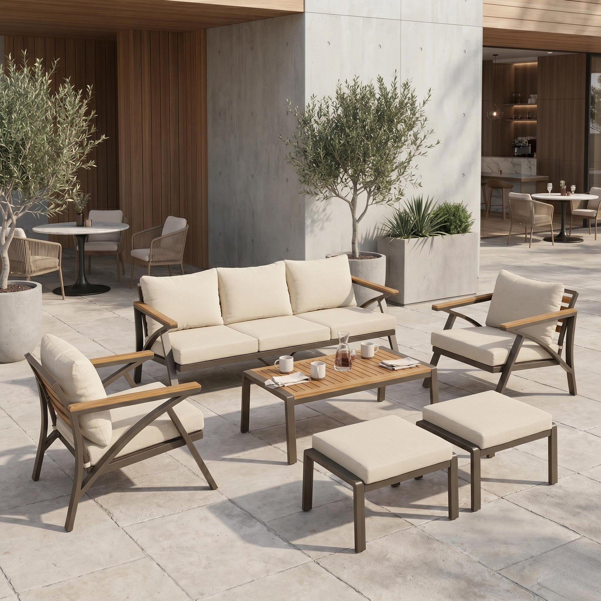 6-Piece Outdoor Patio Furniture Set, Steel Frame Sofa Set with 3-Seat Couch, 2 Armchairs, 2 Ottomans & Acacia Wood Coffee Table, Cushioned Seating for Backyard, Garden, Poolside, Beige Cushion image 1