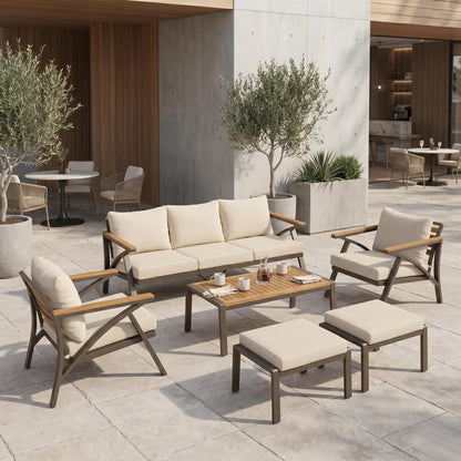 6-Piece Outdoor Patio Furniture Set, Steel Frame Sofa Set with 3-Seat Couch, 2 Armchairs, 2 Ottomans & Acacia Wood Coffee Table, Cushioned Seating for Backyard, Garden, Poolside, Beige Cushion image 1