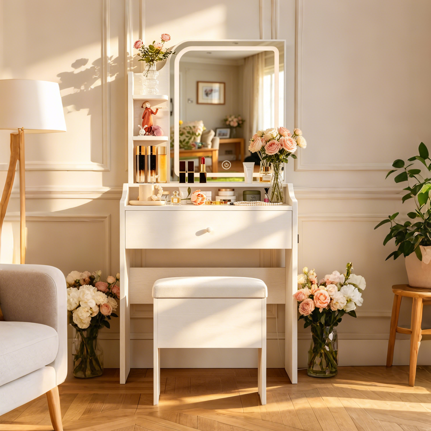 White vanity set includes smart LED mirror, women's bedroom makeup table with storage; suitable for bedrooms, living rooms, dormitories, etc. image 4