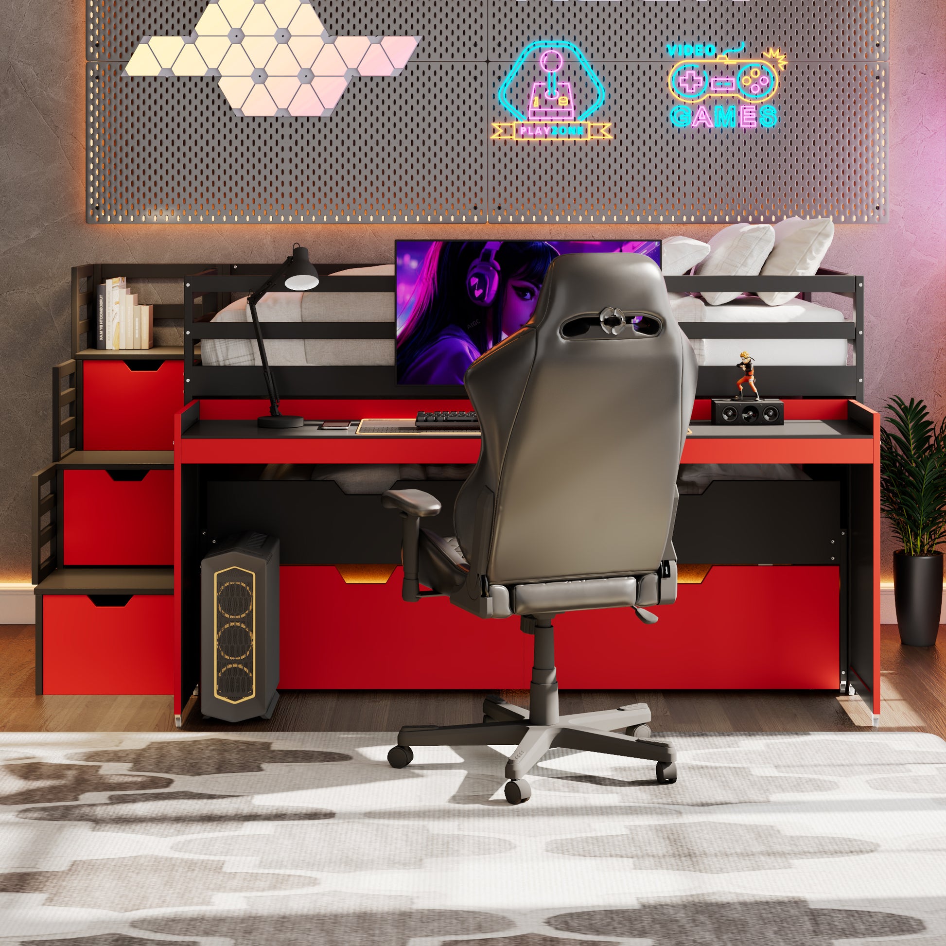 Twin XL Loft Bed with Pull-Out Desk and Twin Trundle, Multi-Functional Bunk Bed with 2 Storage Drawers and Storage Steps, Space-Saving Gaming & Workstation Bedframe, Black+Red image 5