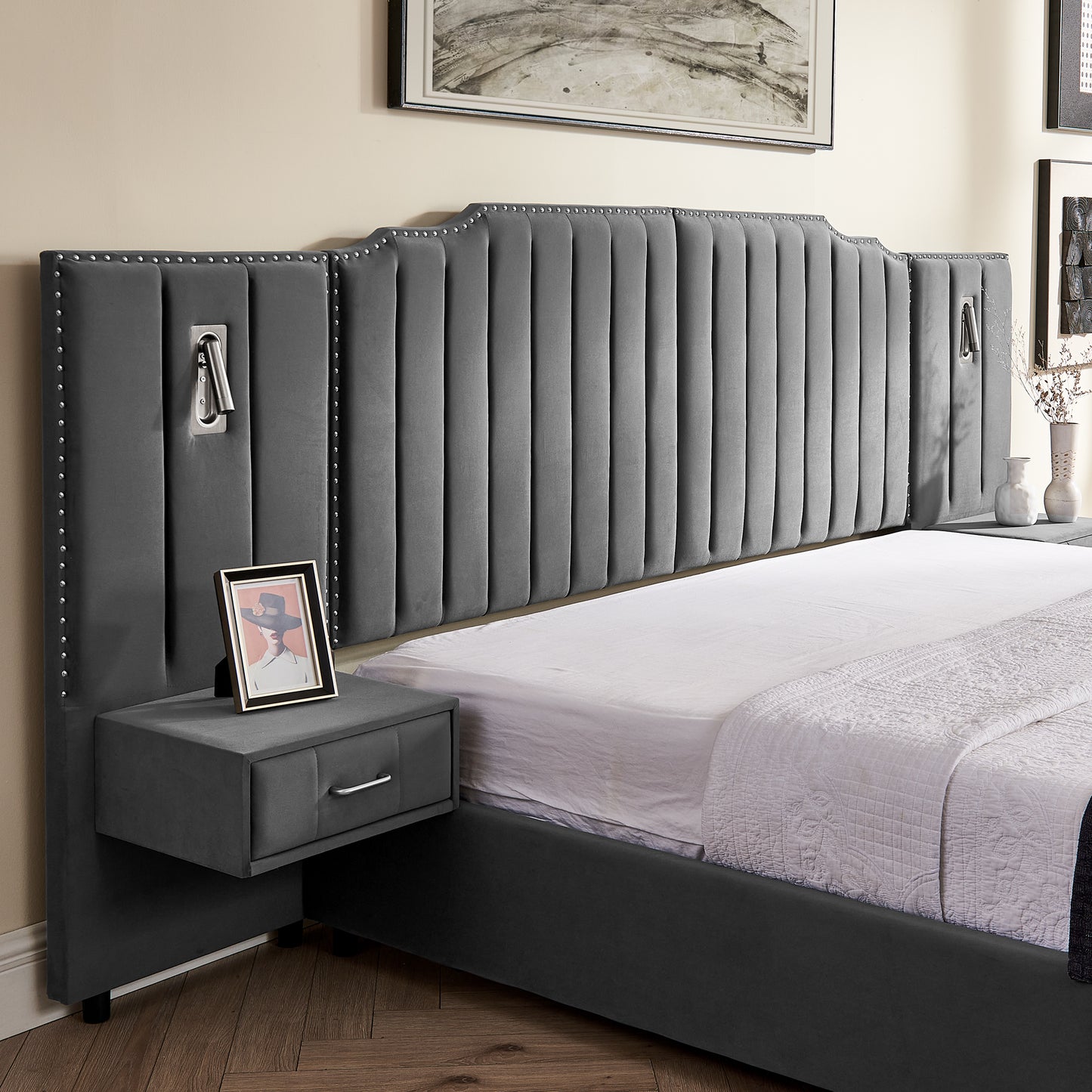 Queen Size Upholstered Bed Frame with Velvet Fabric, Vertical Stripe Design with Buttons Around Platform Bed with Headboard, Solid Frame & Bedside Table - No Box Spring Needed-Gray image 7
