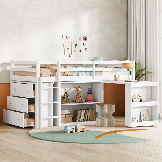 Twin Loft Bed w. stroage case,drawers,Twin Loft Bed with,Drawer Cabinet, Shelf Cabinet and Pulling -Out Desk,Rubber Wood Loft Bed with Safety Guardrail,Ladder,White image 1