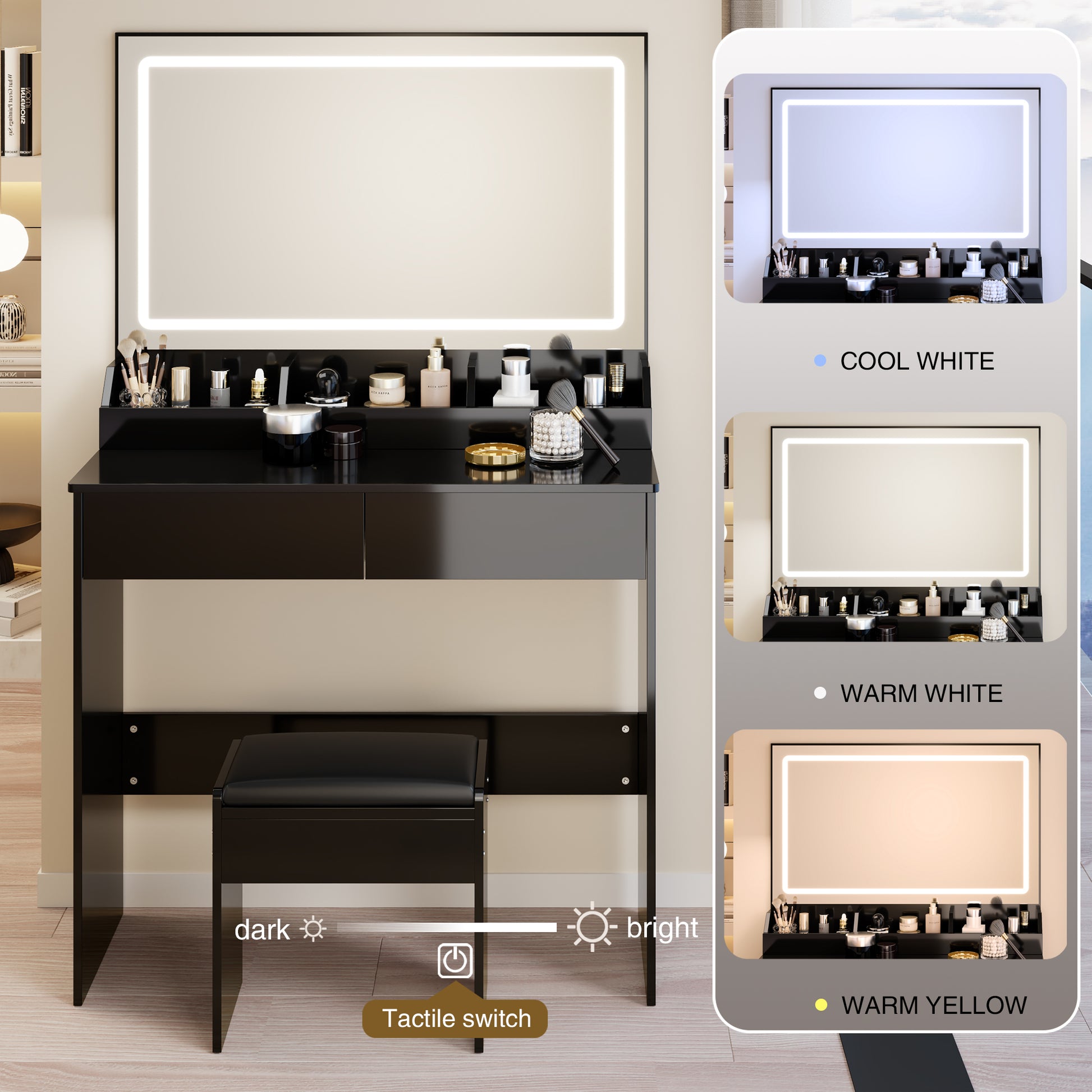 31" x 20" Extra Large LED Mirror Makeup Vanity Table + Soft Cushion Stool Suit, Touch Switch, 3 colors, Adjustable Brightness, Large Capacity Storage, Compact Dressing Table Suitable For Small Space image 10