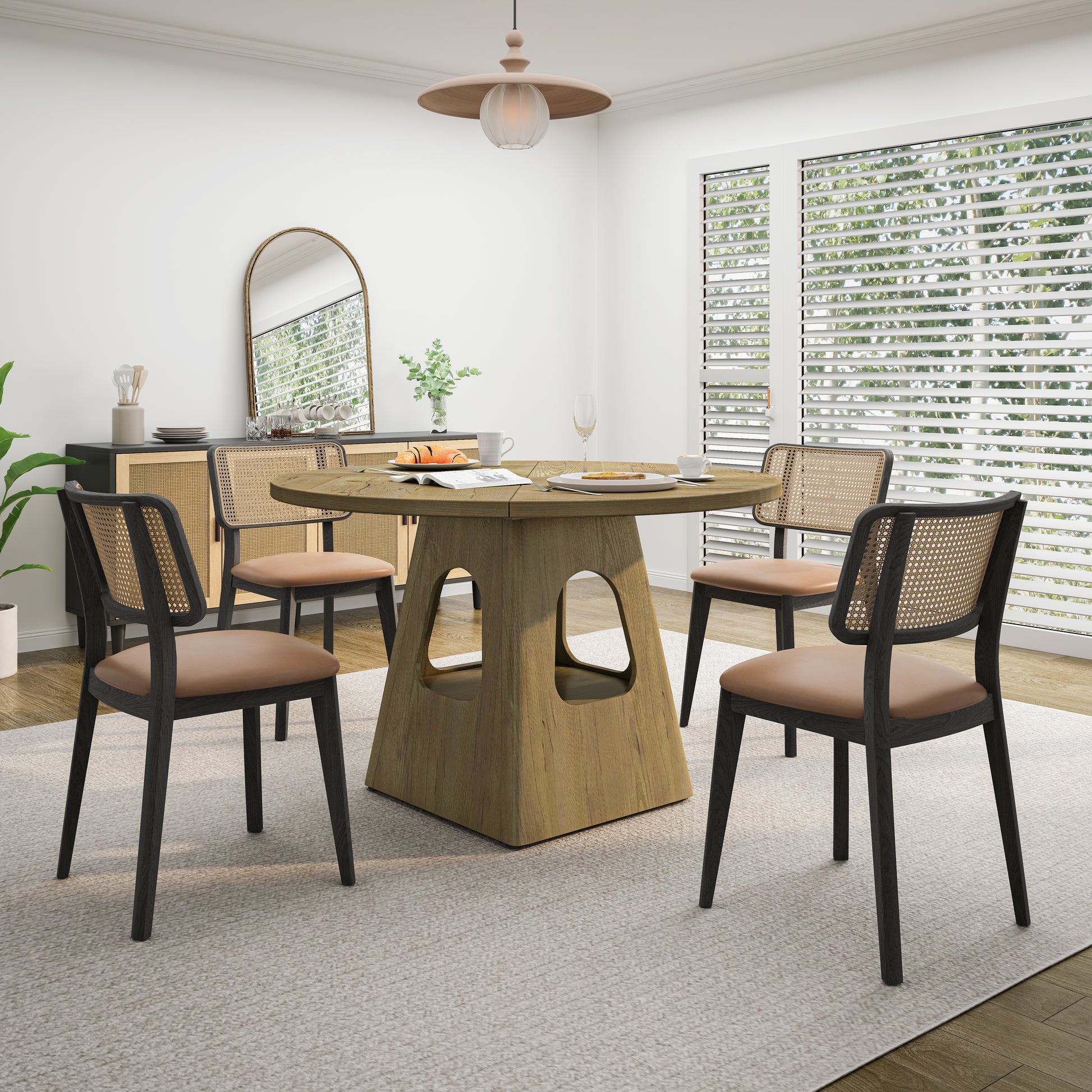 Round Dining Table for 4-6,47 Inch Round Dinner Table with Wooden Tabletop and Storage Base,Farmhouse Dining Table,Wood Kitchen Table for Dining Room,Kitchen, Living Room,Natural(Table Only) image 8