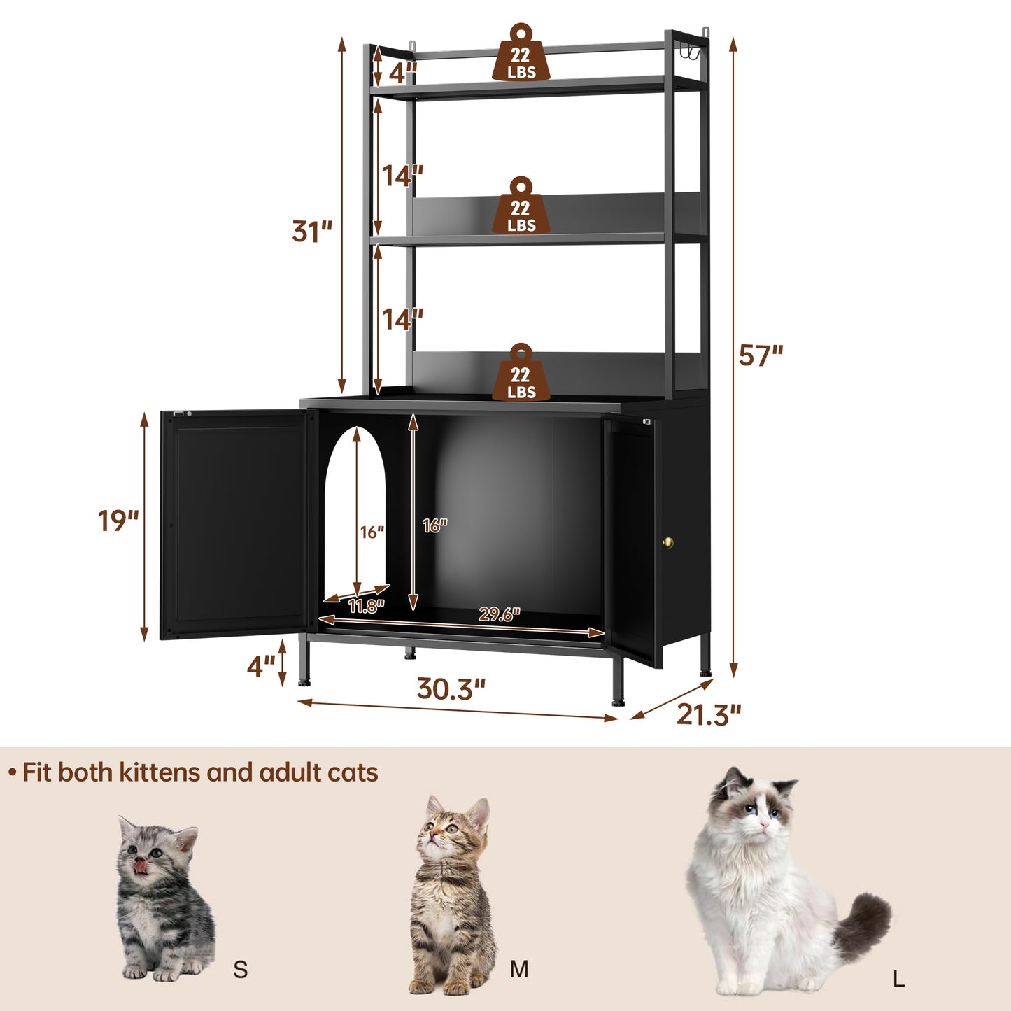 Metal Cat Litter Box Enclosure, 57" Tall Hidden Litter Box Cabinet with 3 Tier Storage Shelves, Large Indoor Cat House with Doors & 4 S-Hooks, Odor Control Pet Washroom Furniture for Large Cats, Black image 2