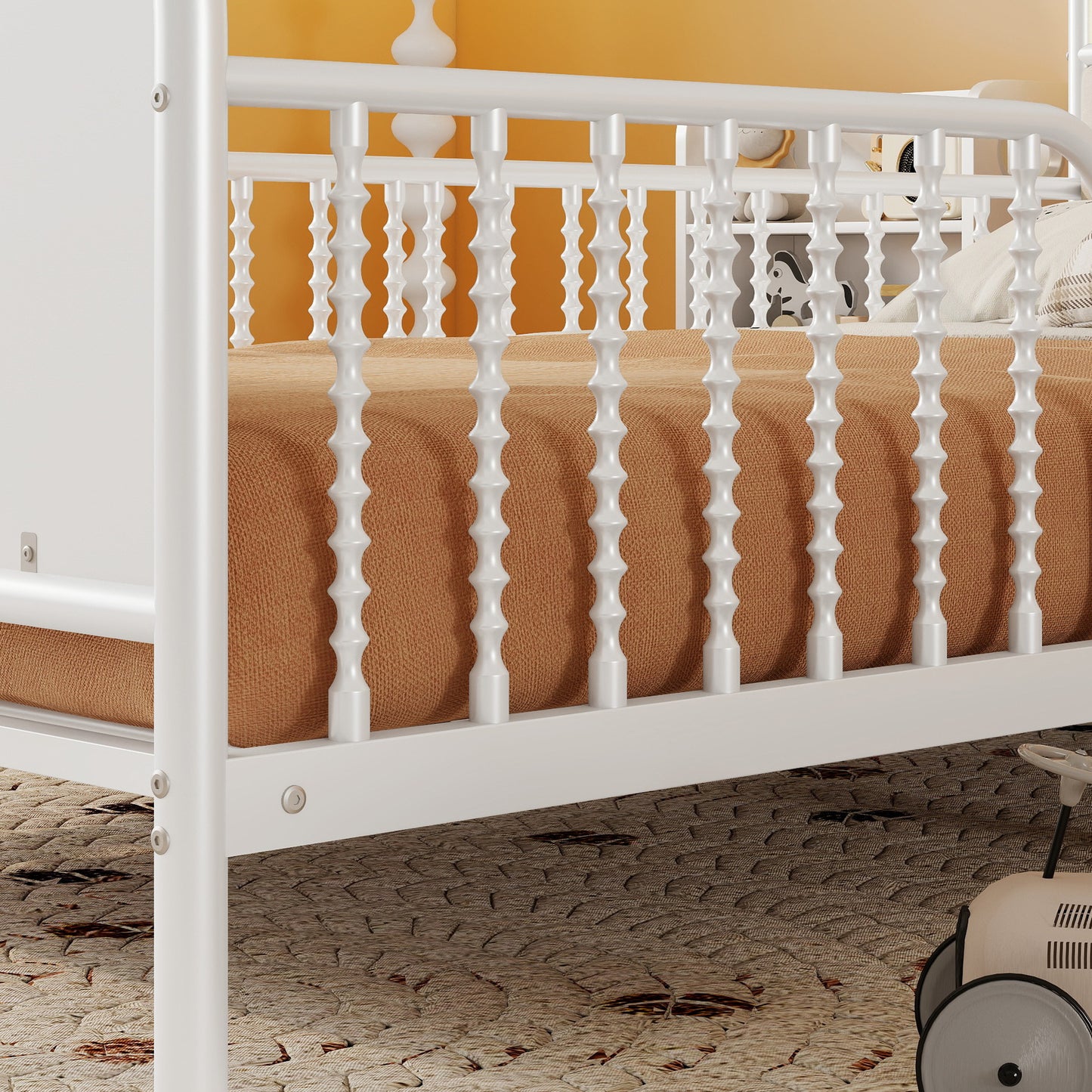 Twin Size Metal Platform Bed Frame with Light, Kids Twin Metal Bed with Upholstered and Pull Out Storage Shelves, White (Expect Arrival Date 2025/10/5) image 5
