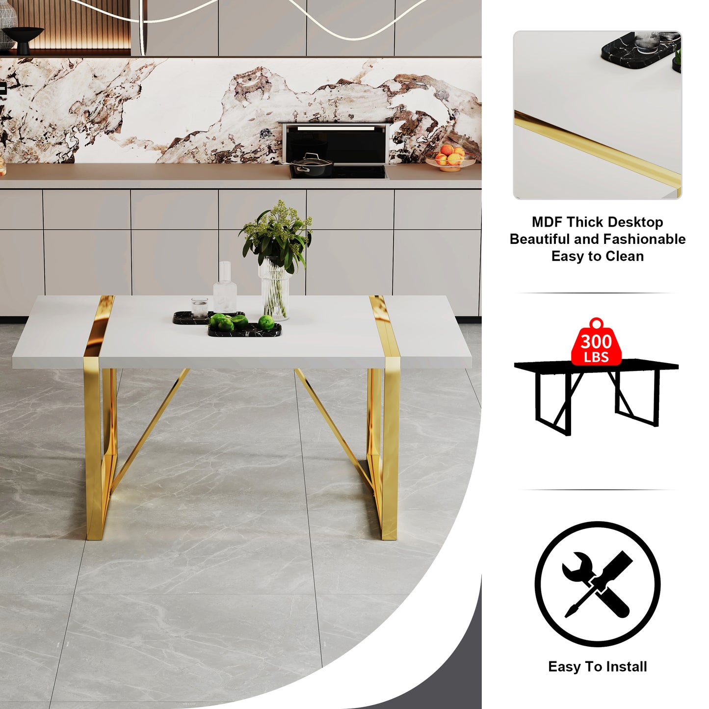 Industrial rectangular MDF material white dining table, equipped with a 2.3-inch thick tabletop and golden metal legs, used for writing desks, restaurants, and living rooms71"*39.3"*30" image 6
