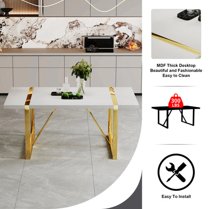 Industrial rectangular MDF material white dining table, equipped with a 2.3-inch thick tabletop and golden metal legs, used for writing desks, restaurants, and living rooms71"*39.3"*30" image 6