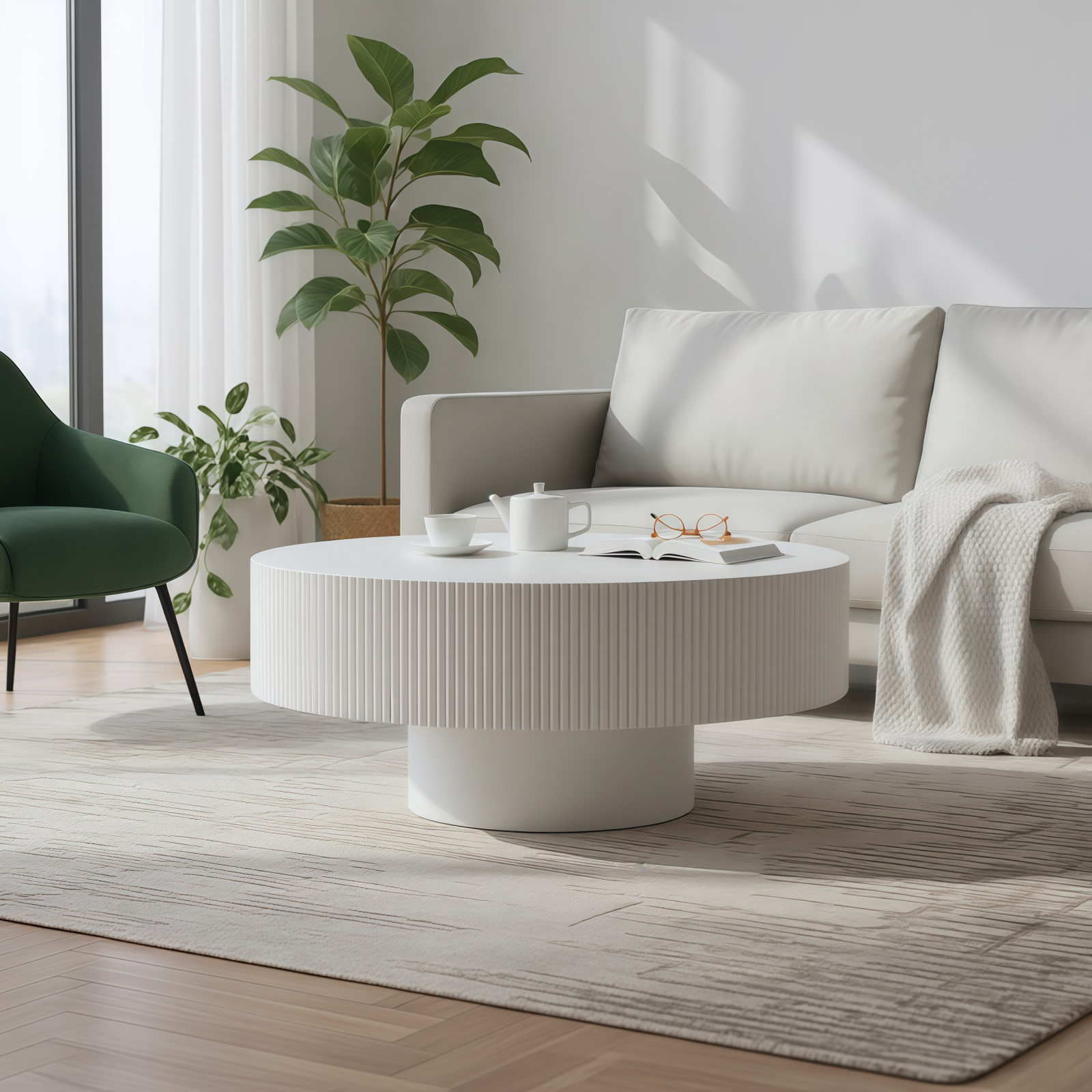 Round Coffee Table, Fluted Coffee Table with Sturdy Pedestal, Mid Century Modern Coffee Table for Living Room, Bedroom, Terrace, Office, Small Space (White Round Thick) image 1