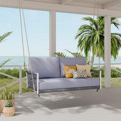TREXM 1-Piece Woven Rope Outdoor Swing Sofa with Soft Cushions Seating 2 for Patio, Courtyard and Balcony (Beige)
