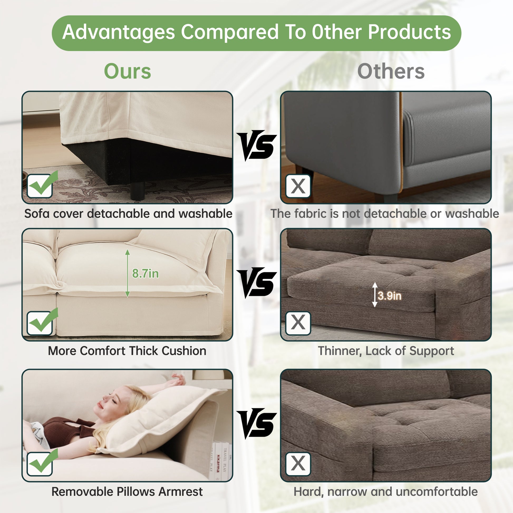 L-Shaped Slipcovered Sectional Sofa Couch, Comfy Chenille Deep Seat Cloud Couch with Convertible Ottoman & 2 Big Pillows, Modern Oversized 3 Seater Slipcovered Sofa Set for Living Room Office, Cream image 6