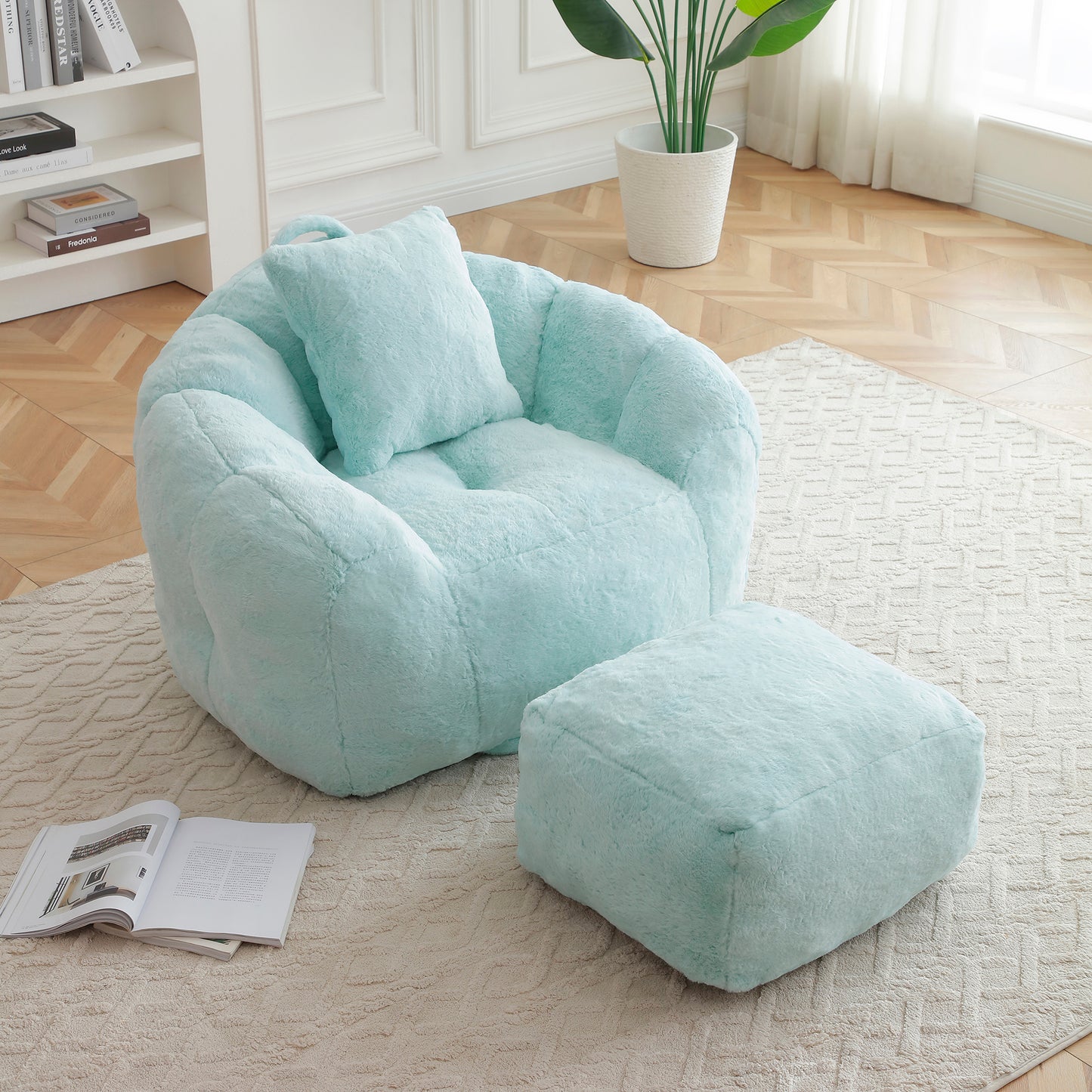 Giant Bean Bag Chair withFootstool, Oversized Bean Bag for Adults and Kids, Faux Fur Shell-Shaped Large Chair with Filler, Stuffed Big Accent Sofa, Floor Sofa for Gaming,Reading Living Room Bedroom image 2