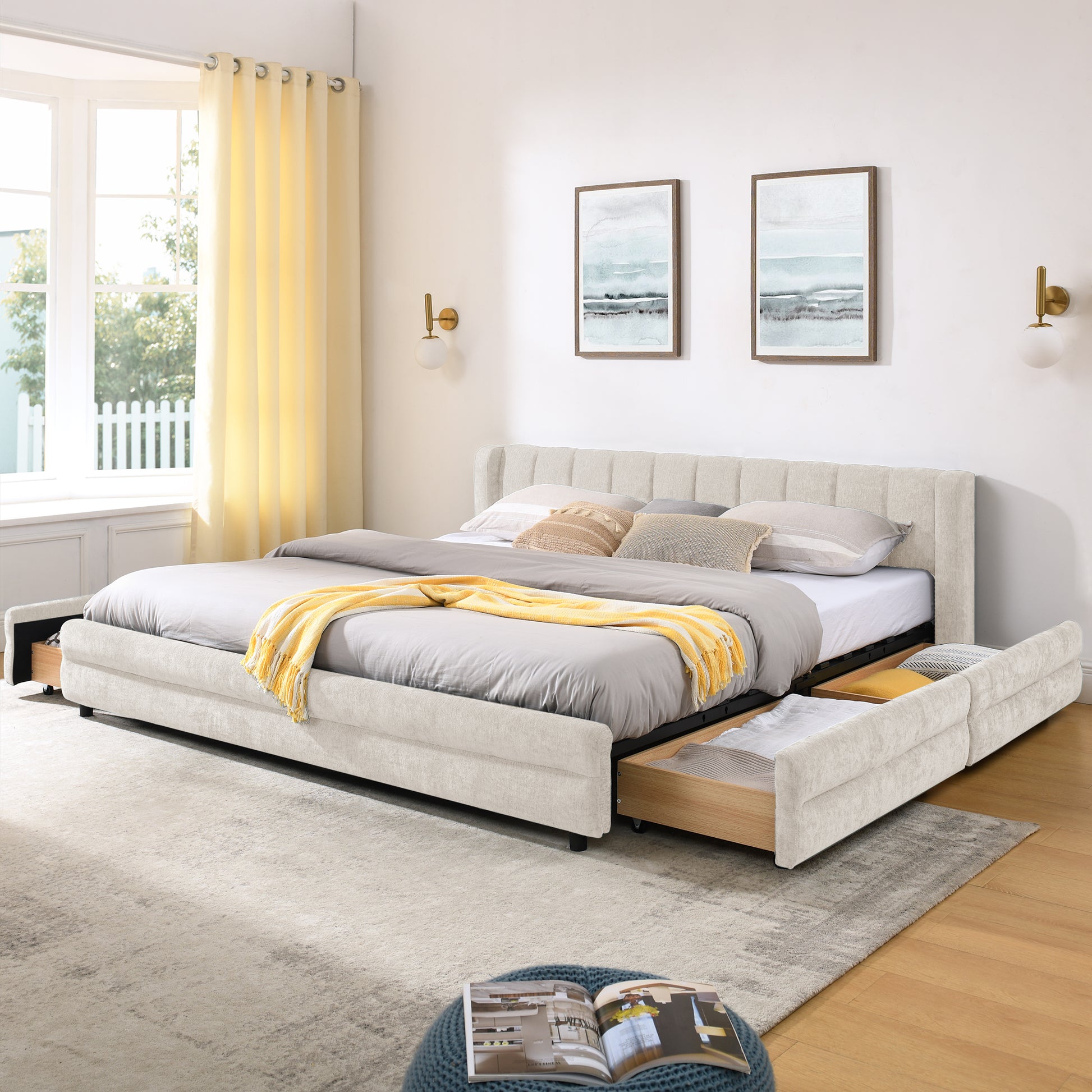 King Size Upholstered Bed Frame with Thick Fabric, comfortable upholstered bed frame, Chenille fabric, with headboard and solid bed frame. With drawer for storage-Beige(86.5''*84''*29.5'') image 1