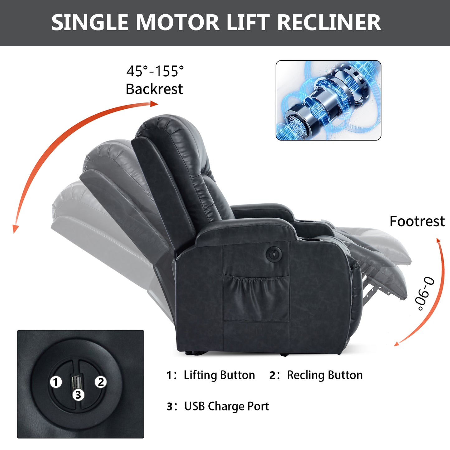 Dark Grey PU lInfinite Position Up to 350 LBS Power Lift Recliner Chair for Elderly, Heavy Duty Motion Mechanism with 8-Point Vibration Massage and Lumbar Heating, USB Charging Port, Cup Holders image 6