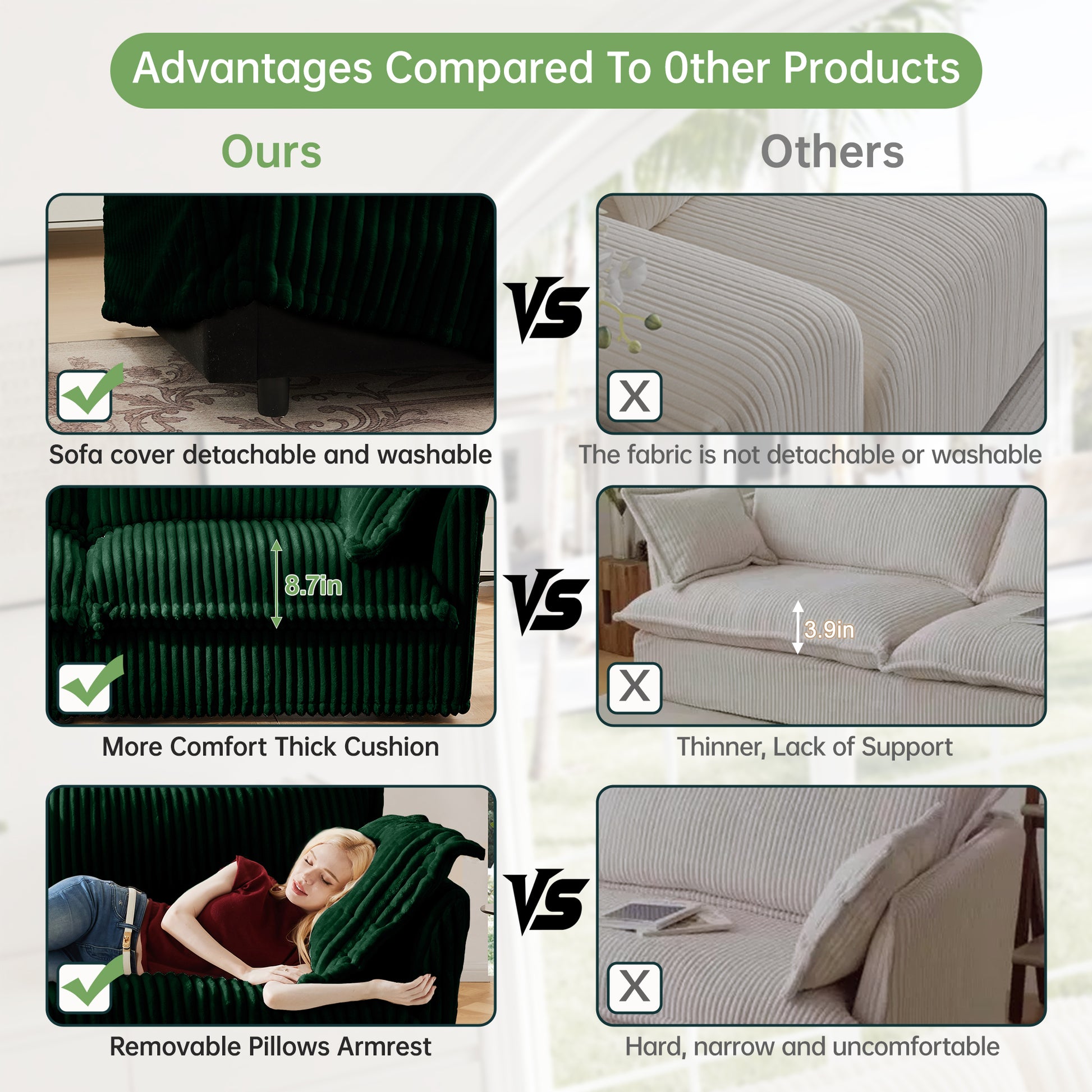 Slipcovered Sofa 2 Seater Sofa With 2 Ottomans, 2 Seater Sleeper Sofa Bed Home Theater Oversized Sofa For Living Room, Corduroy, Green image 6