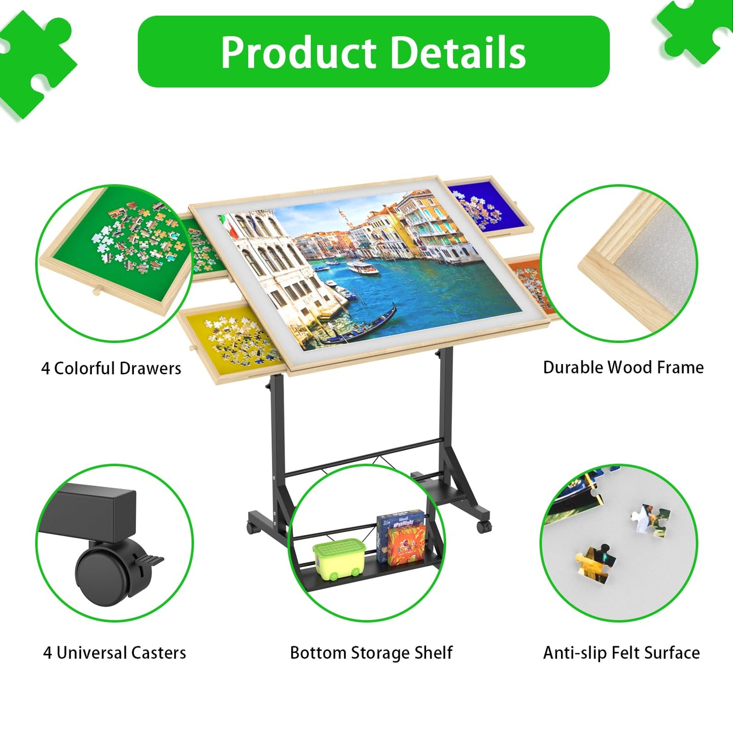 Wooden 1500 Piece Puzzle Table with Drawer, 35"*27.17" Adjustable Puzzle Table, 360° Tilting Puzzle Table with Legs and Wheels, Adjustable Height and Angle, with Protective Cover image 2
