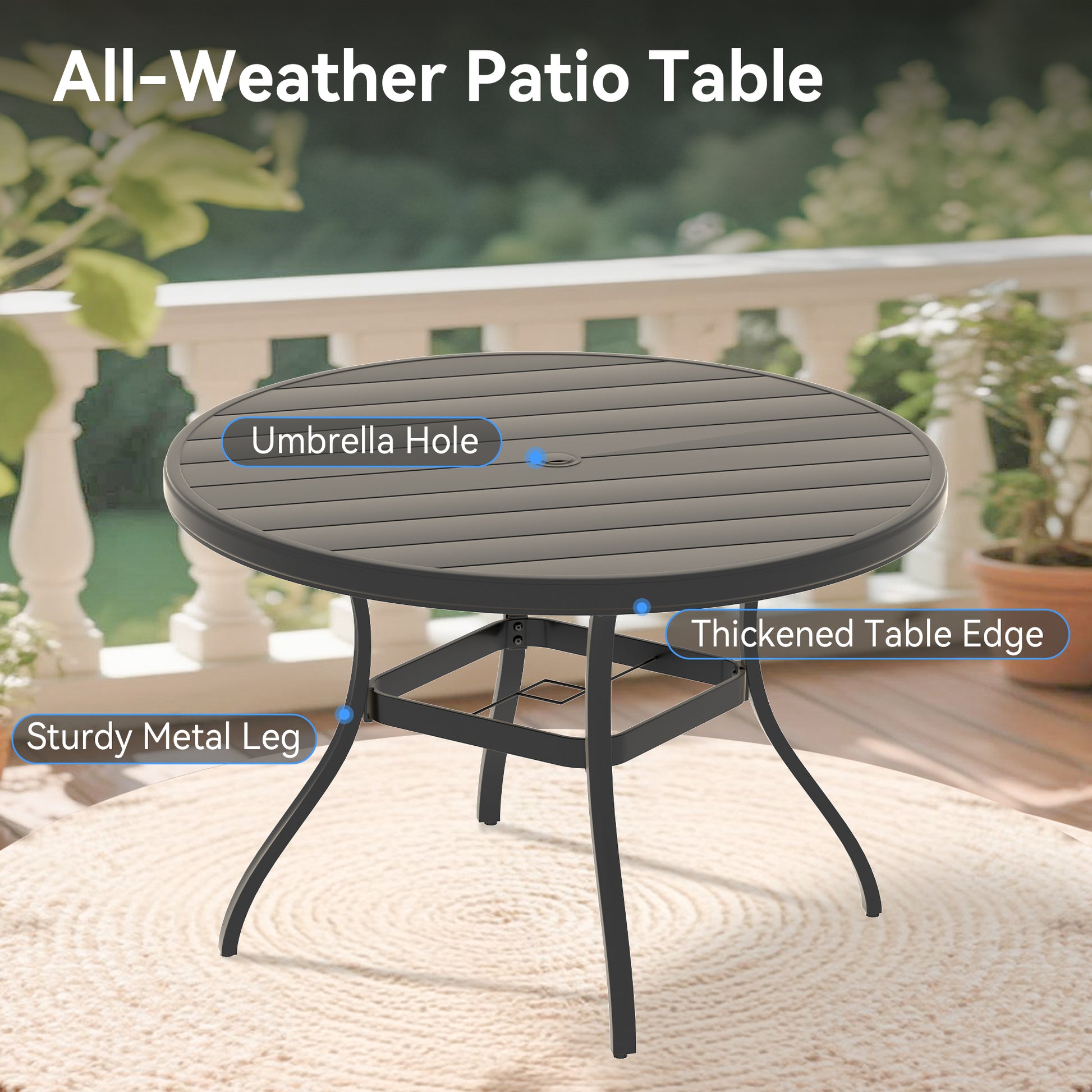 Outdoor Round Patio Dining Table for 6-7, All Weather Metal Dining Table with Umbrella Hole for Deck Lawn Garden Backyard, Black Color image 4