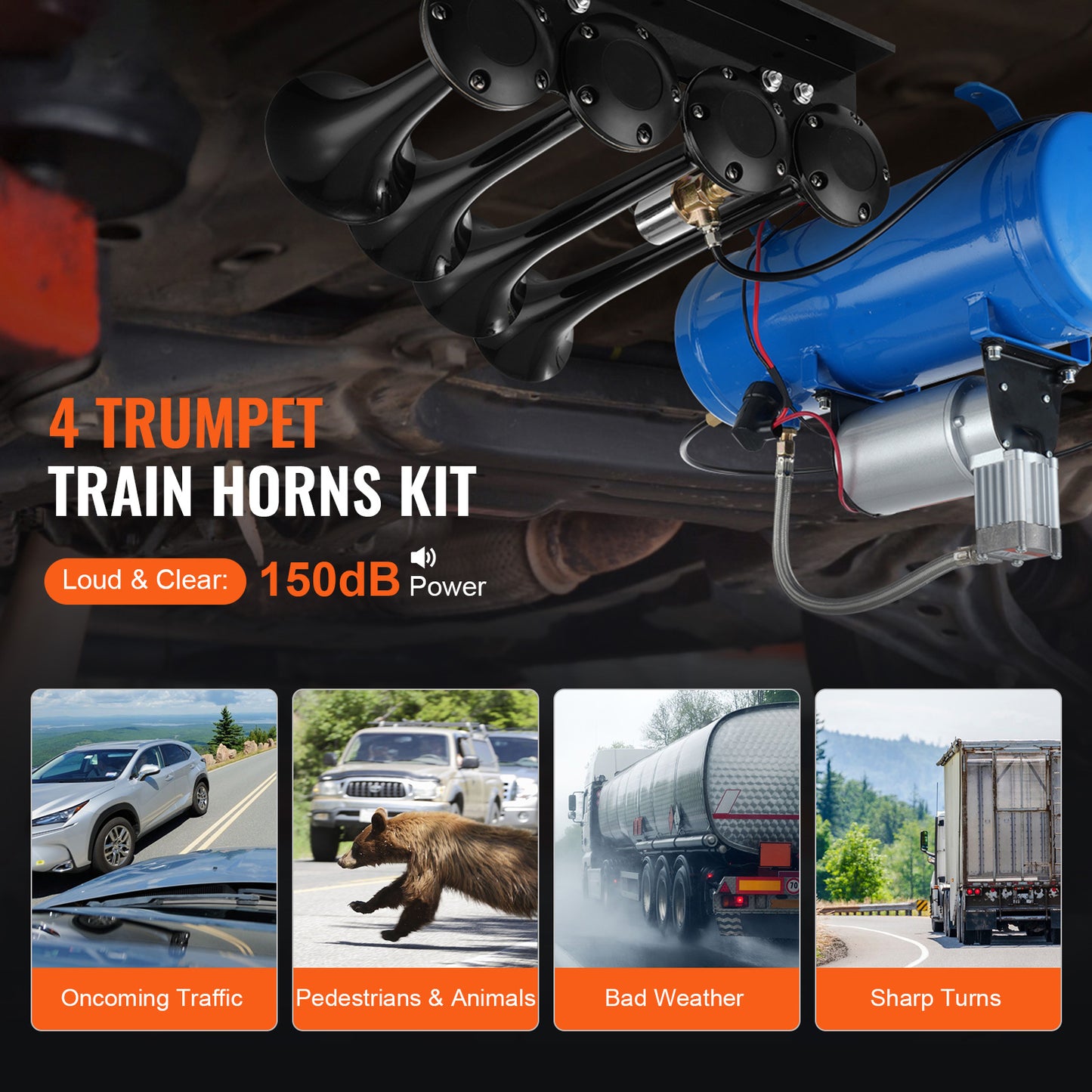 Train Horns Kit, 4 Trumpet Air Horn Kit, 150dB Train Horns for Pickup Trucks, 12V 120 psi Air Compressor 1.6 Gal/6 L Tank with Gauge for Any 12V Vehicle Car Truck Train Van Boat image 2