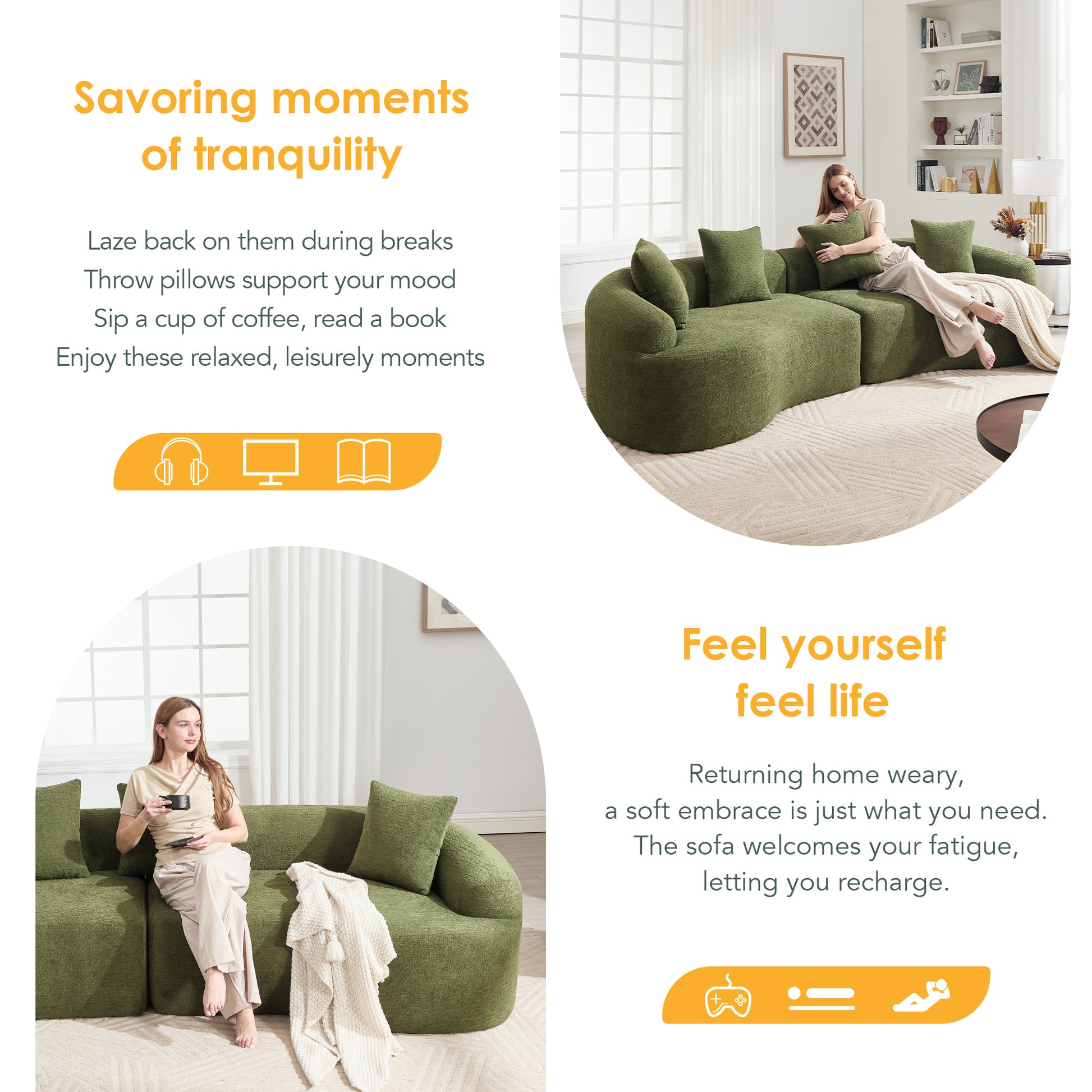 Curved Boneless Sofa,Compression Modular 110'' Sectional,Green High-Density,Couches Sleeper for Living Room Bedroom Apartment Lounge,Chenille image 2