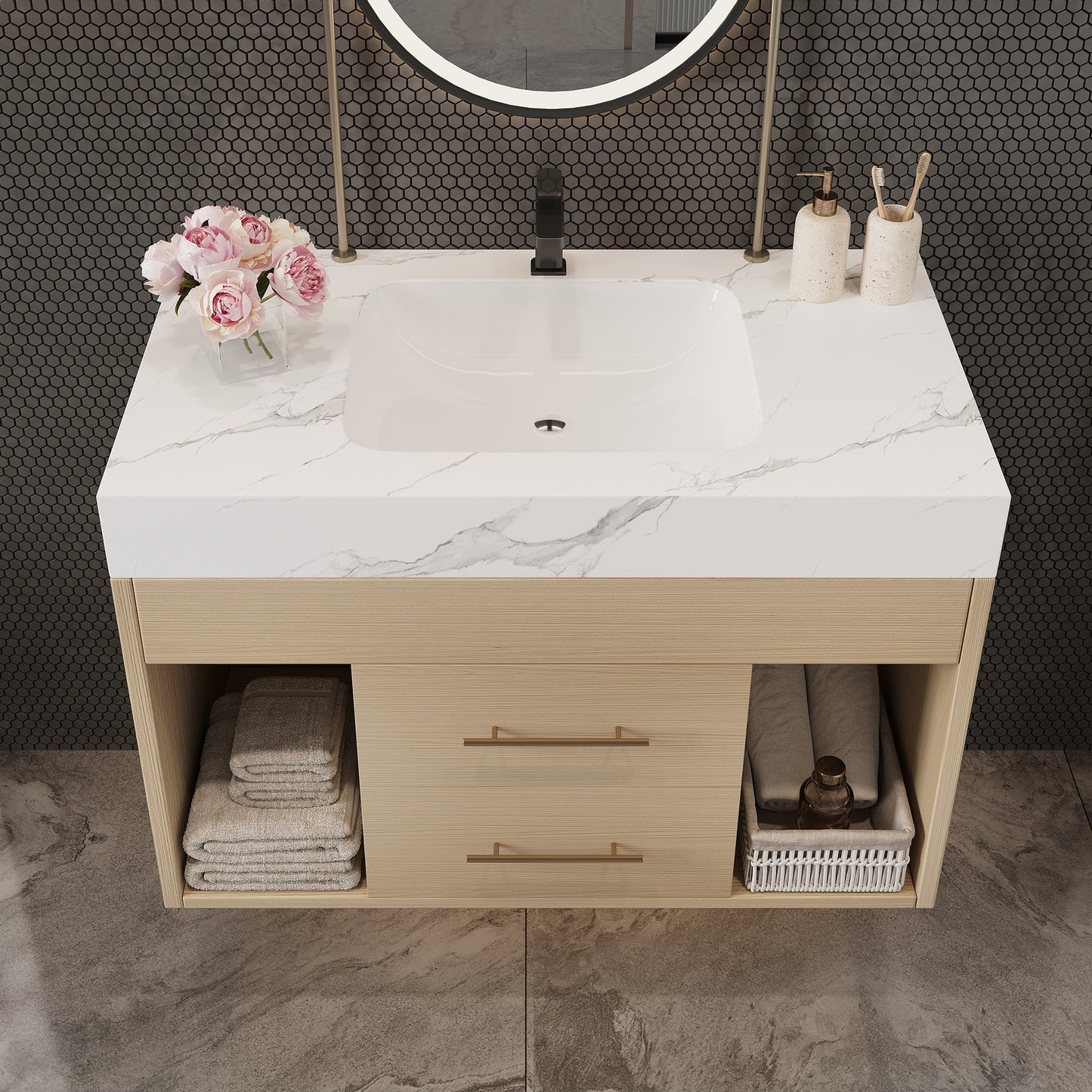 29.9" Modern Floating Bathroom Vanity with Sintered Stone Top Ceramic Undermount Sink Wall-Mounted for Small Bathrooms, Apartment image 4