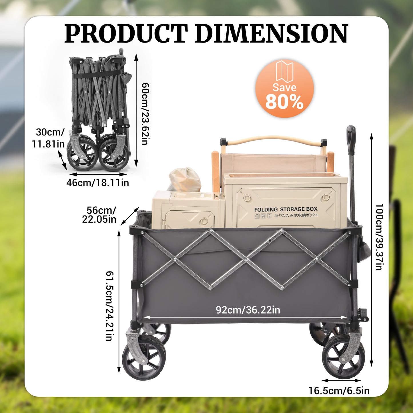 PORTABLE 400L Collapsible Wagon, Folding Wagon Cart, Beach Wagon with Big Wheels, 450LB Heavy Duty Foldable Wagon, Large Capacity Wagon for Camping, Sports, Garden, Baseball image 9