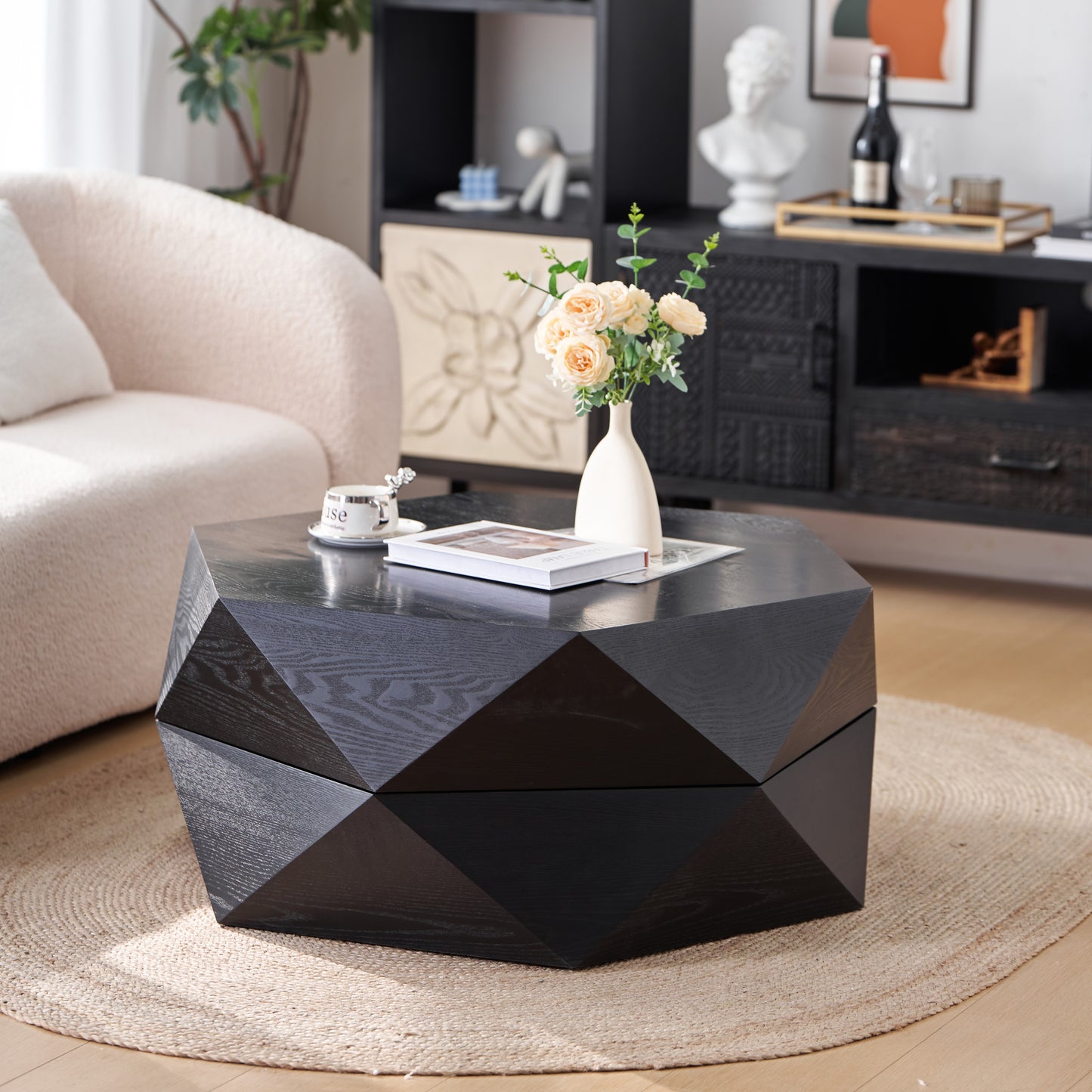 36.61'' Retro Style Polygon Flip Top Coffee Table, with Flip Top for Convenient Access, Hidden Storage, Solid Wood Veneered Drum Coffee Table with Storage for Living Room, Bedroom and Office, Black image 2