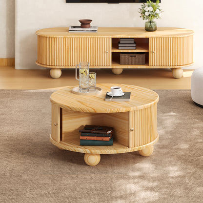 Round Fluted Coffee Table with Storage, Pine Solid Wood, Sliding Door, Natural, 31.8" image 2