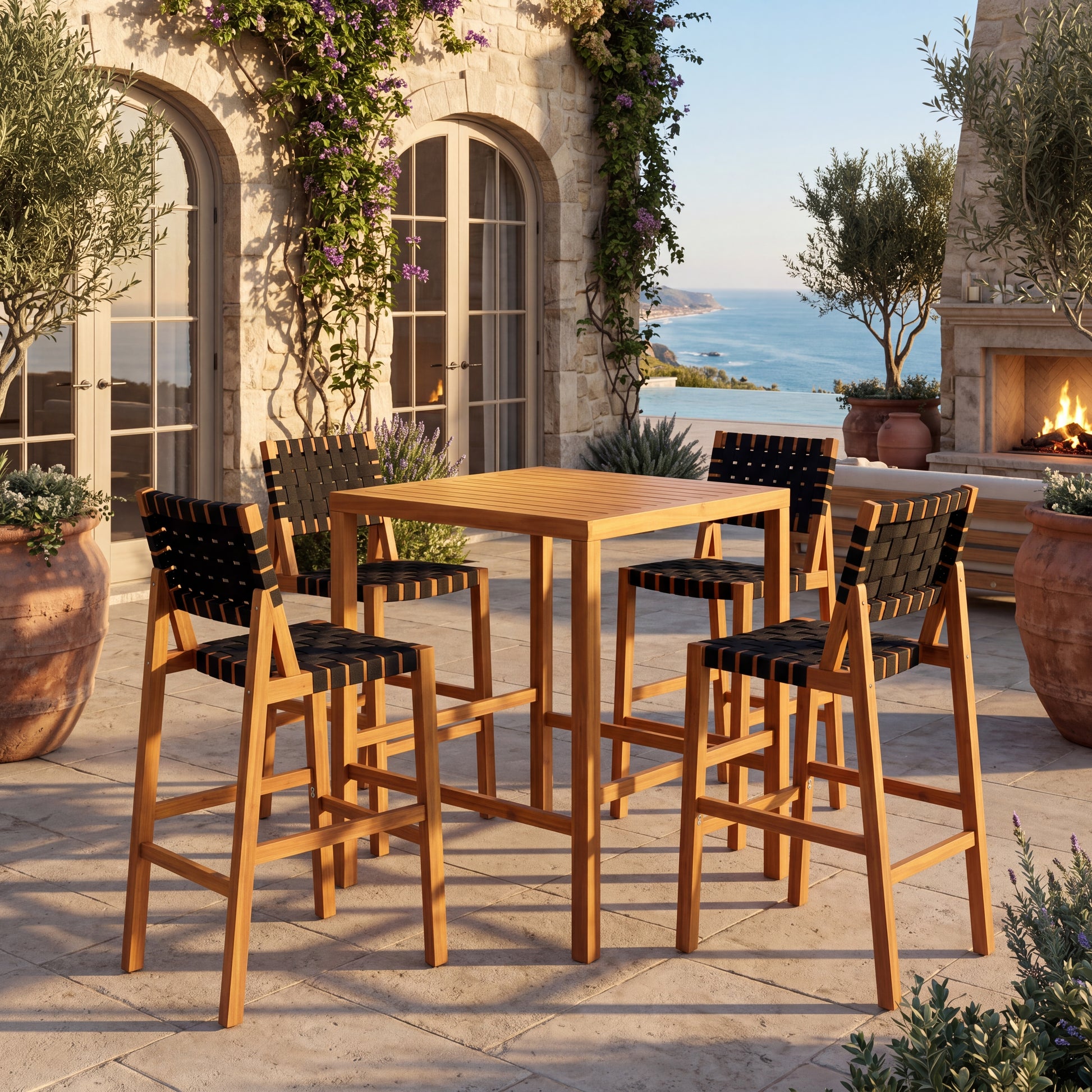 30.5 Inch Seat Height Outdoor Acacia Solid Wood Patio Furniture Set, Black Pe Woven Rope, Breathable and Comfortable,Indoor & Outdoor Use,Teak Finish+Black Rope(set of 5) image 2