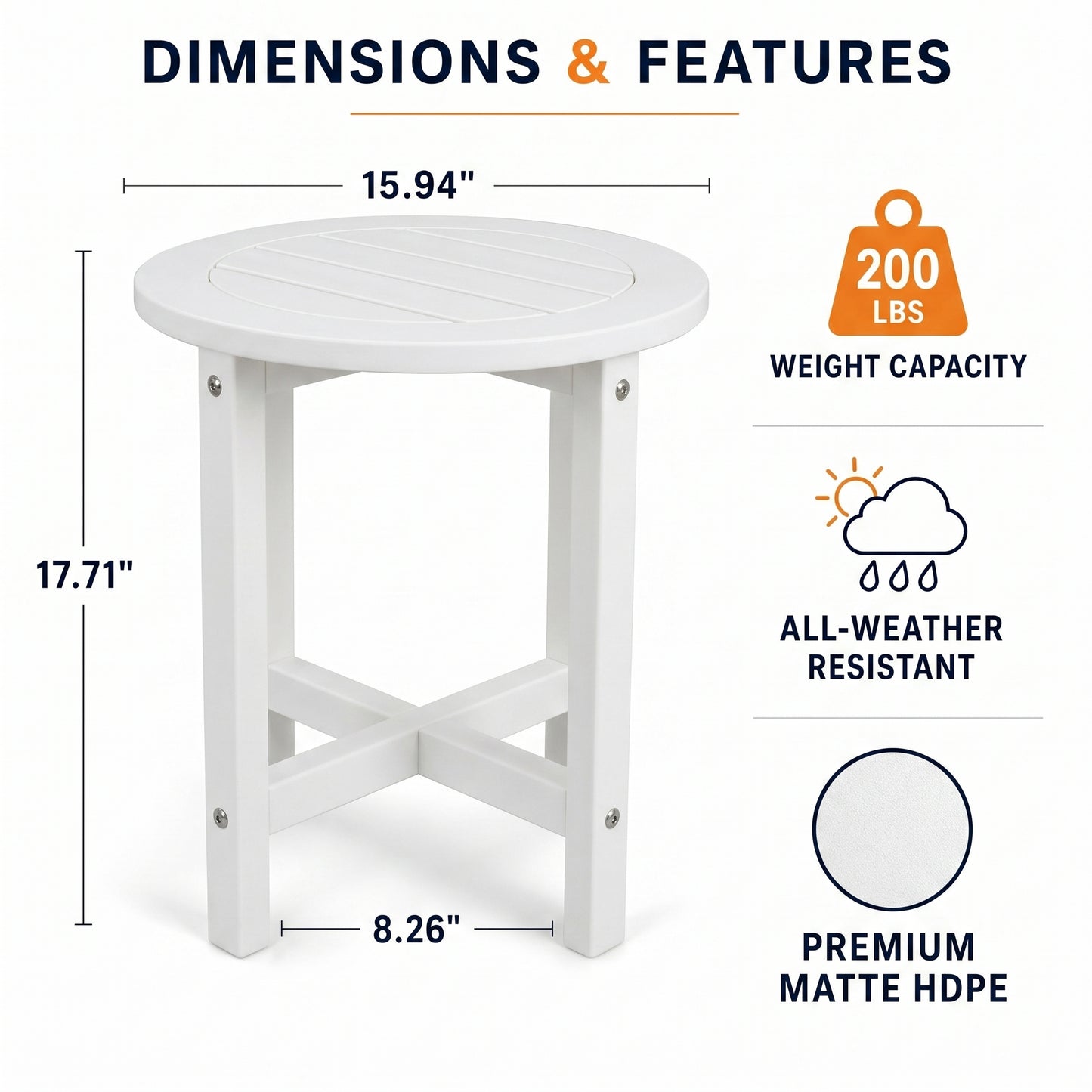 White HDPE Round Outdoor Side Table, 18 in. Dia. x 17 in. H, Small Weather-Resistant Patio End Table image 4