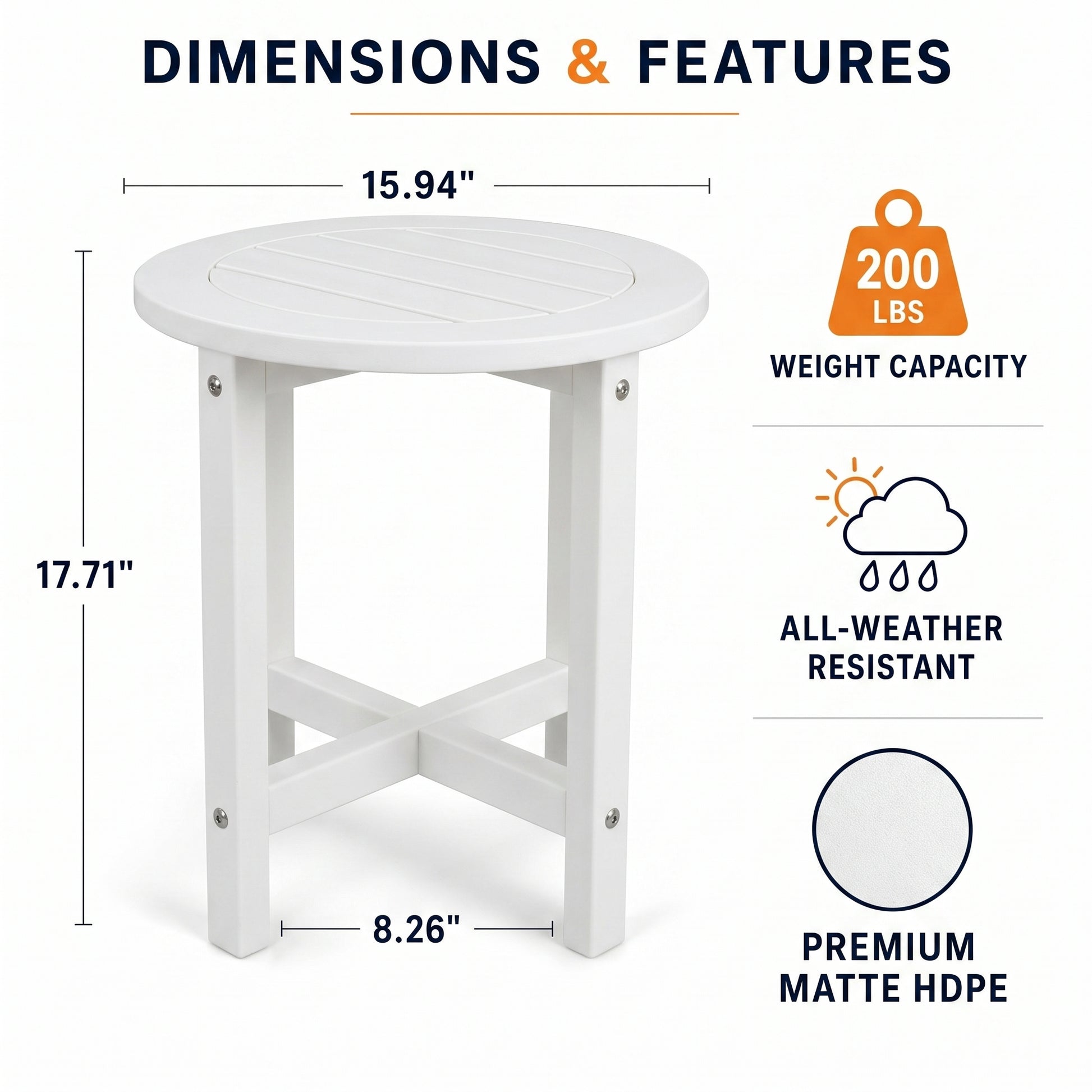 White HDPE Round Outdoor Side Table, 18 in. Dia. x 17 in. H, Small Weather-Resistant Patio End Table image 4