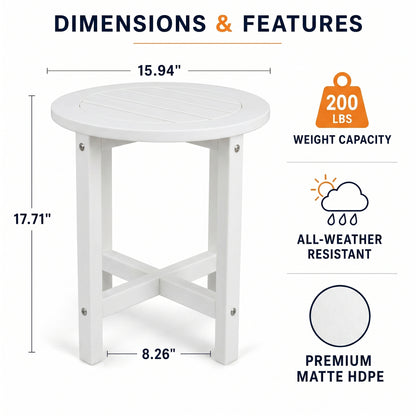 White HDPE Round Outdoor Side Table, 18 in. Dia. x 17 in. H, Small Weather-Resistant Patio End Table image 4