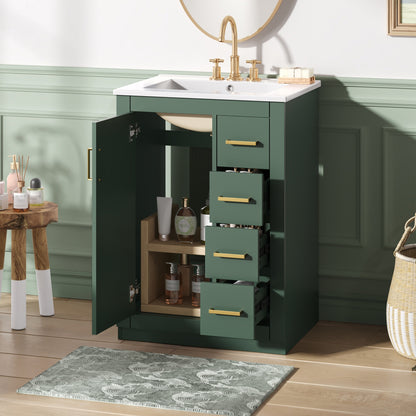24" Bathroom Vanity with Integrated Ceramic Sink, Bathroom Cabinet with 1 Door, 3 Drawers, Single Sink Bathroom Vanity for Small and Medium Restroom, Green image 4
