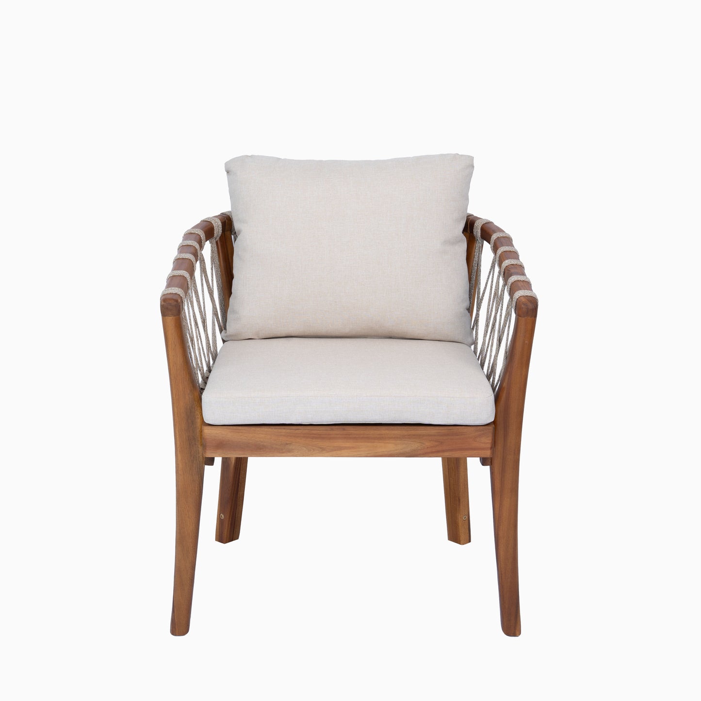 Outdoor Dining Chairs set for 2, Acacia Wood Frame with Teak Finish, Multi Brown Rope Weave, Water Repellent Beige Cushion, Patio Bistro Chairs for Backyard Garden Balcony image 9