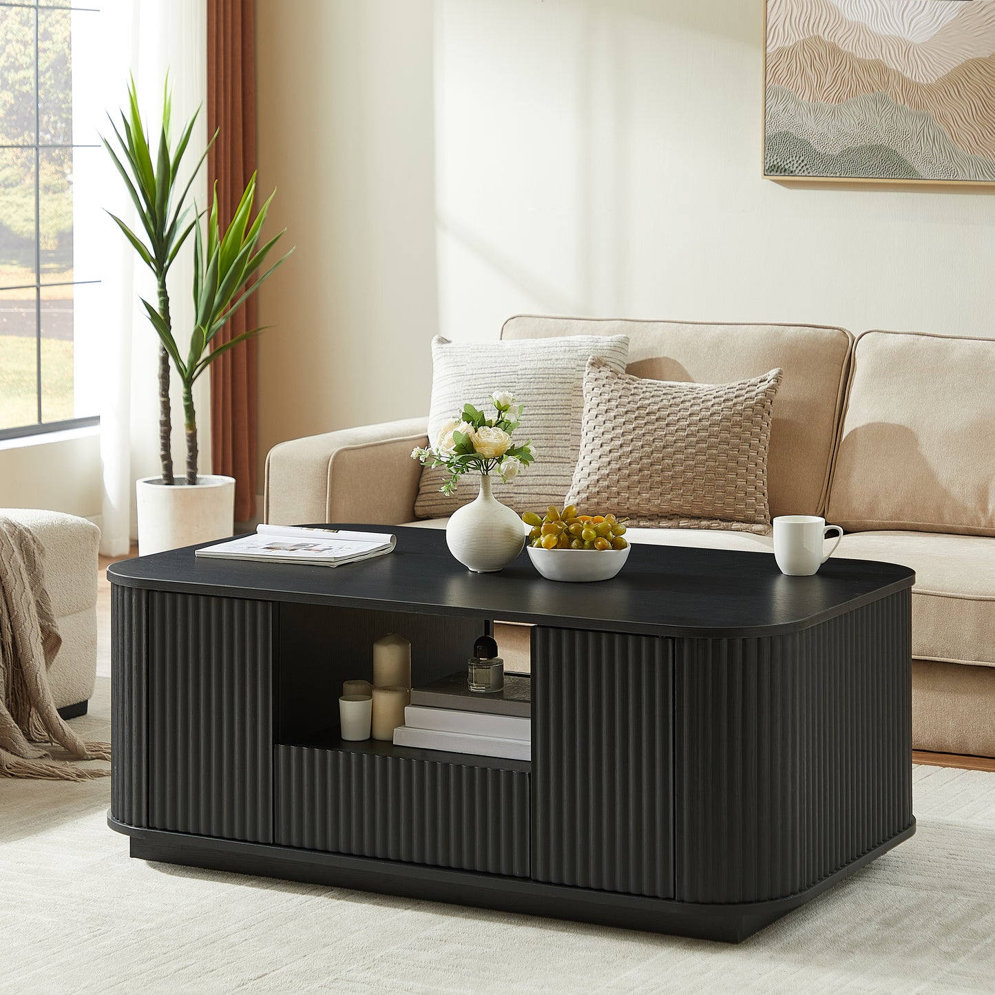 46.5"modern luxury oval coffee table with drawers and storage compartments, curved contour design, living room center coffee table, suitable for living rooms and offices, Black, 46.5"L*27.2"W*17.7"H image 1