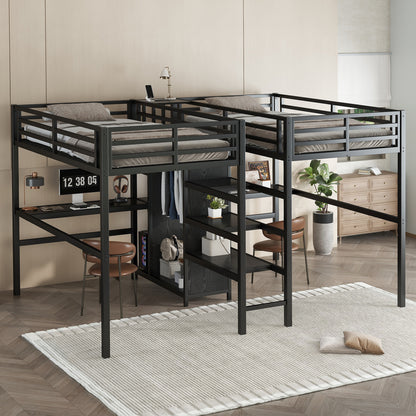 Twin Over Twin Metal Loft Bed with Double Desk and Wardrobe and Shelves with Electrical Outlet for Space Saving and Noise Reduction,Black image 3