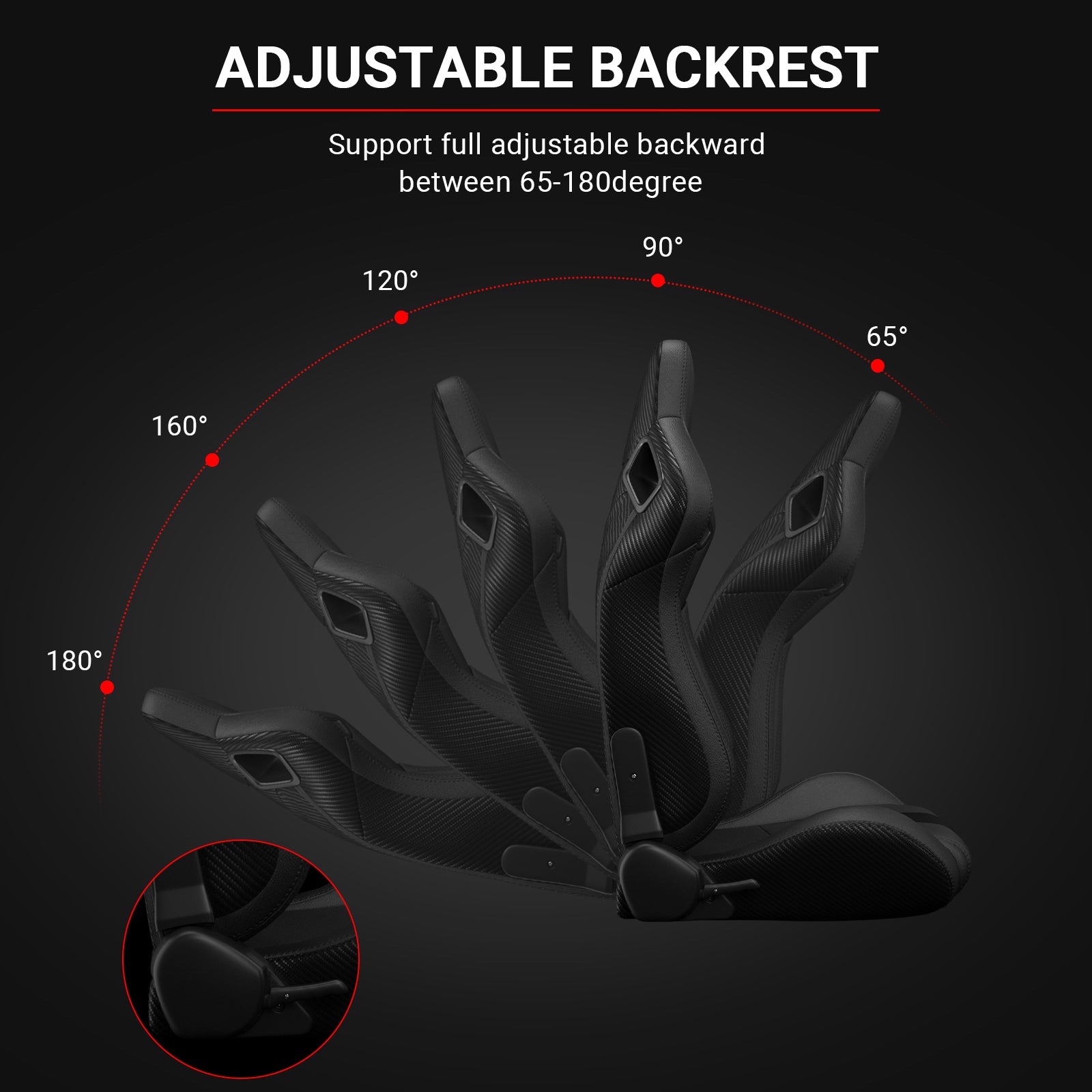 2PC New Universal Bucket Racing Seats Black Stitch Black PVC Leather Reclinable Carbon Look Leather Back With Adjustor Slider(Not Including Seat Bracket) 1 box of 2 pieces image 6