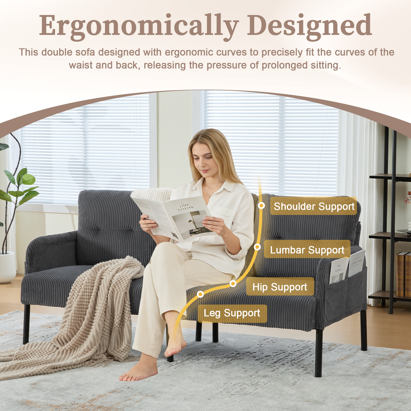 UNITED WE WIN Oversized Loveseat, Modern & Plush Double-seater Sofa, Corduroy Upholstered Couch, Cozy Bedroom Sofa with Metal Legs & Side Pockets, Ideal for Living Room, Bedroom, Dorm, Apartment image 3