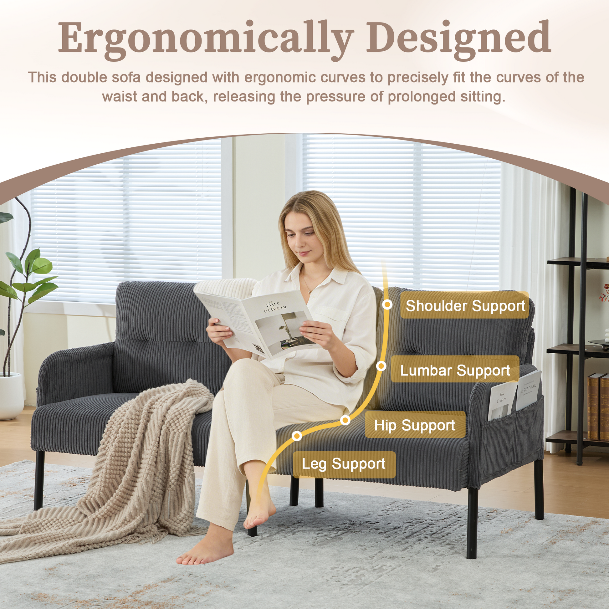 UNITED WE WIN Oversized Loveseat, Modern & Plush Double-seater Sofa, Corduroy Upholstered Couch, Cozy Bedroom Sofa with Metal Legs & Side Pockets, Ideal for Living Room, Bedroom, Dorm, Apartment image 3