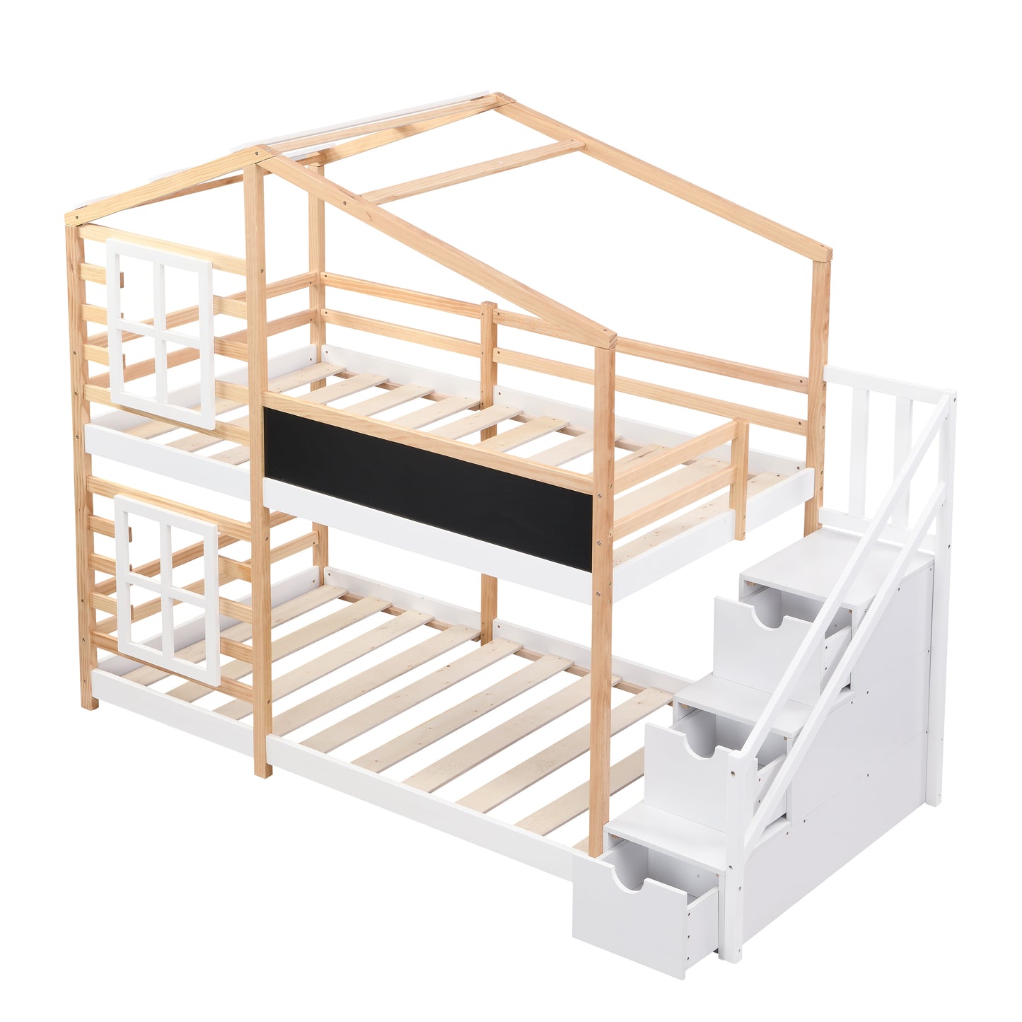 Twin over Twin Bunk Bed House Bed With Roof Windows Blackboard And Storage Ladder Platform Bed,bed Frame image 6
