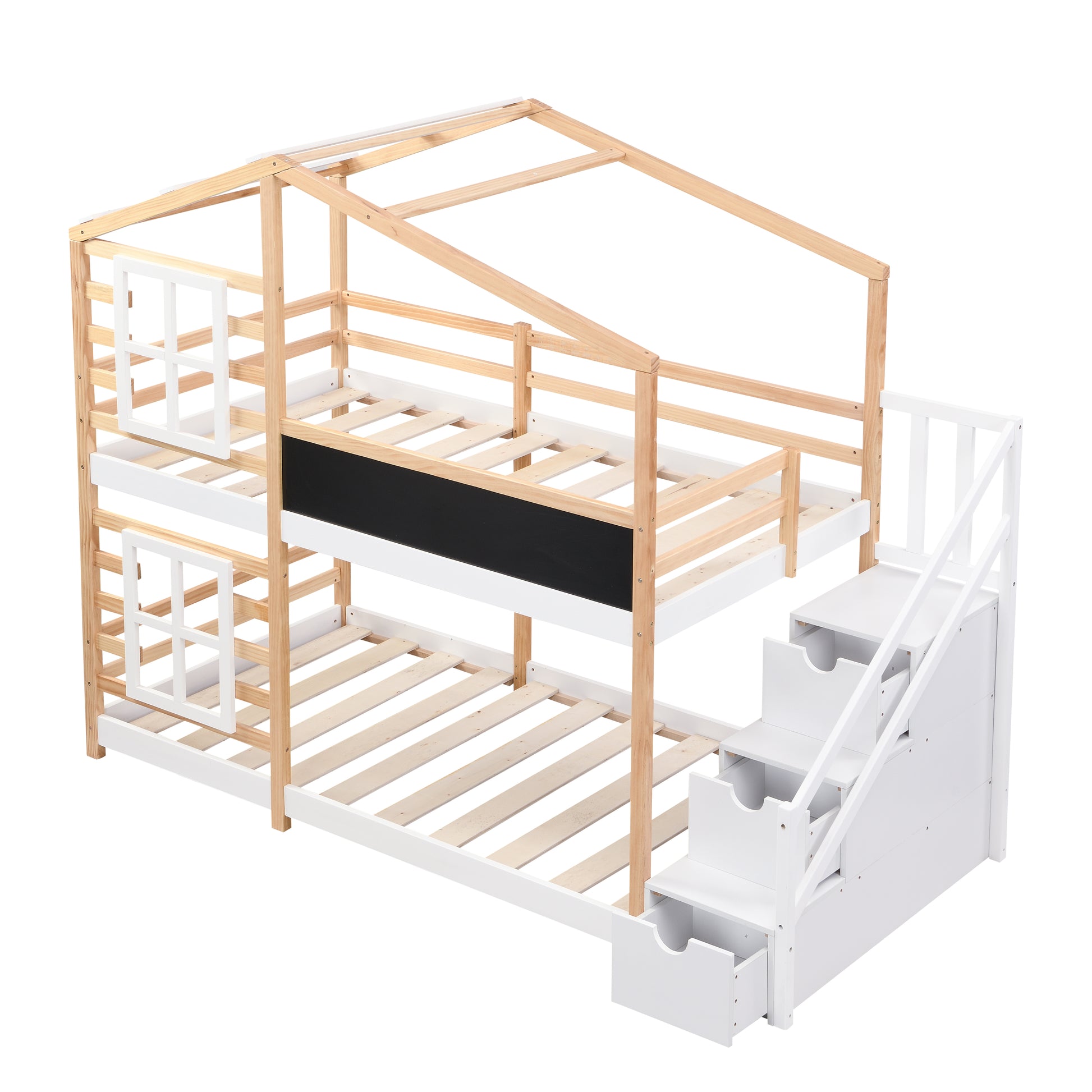 Twin over Twin Bunk Bed House Bed With Roof Windows Blackboard And Storage Ladder Platform Bed,bed Frame image 6